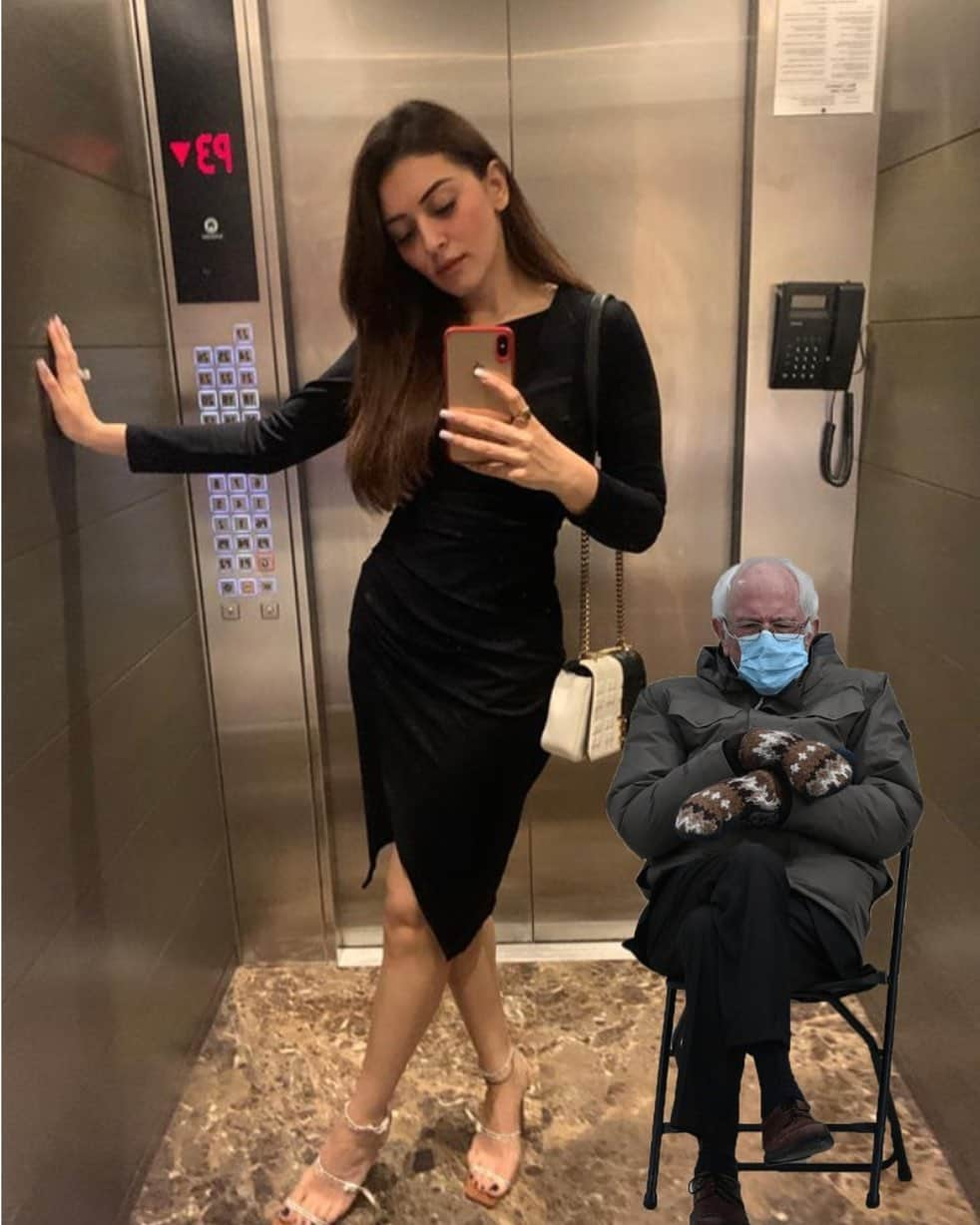 ハンシカ・モトワニのインスタグラム：「Just some causal lift selfies with my man Bernie 😏 #berniesanders #bernie  • • •  @slicedbread.in 😉 good job on the edit」