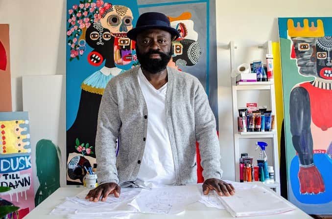 のインスタグラム：「@officialkojomarfo in his london studio working on his up coming solo exhibition」