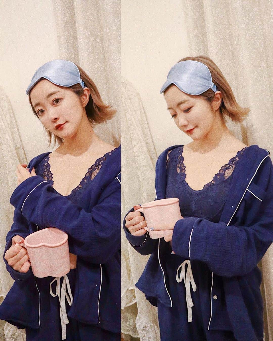 のインスタグラム：「☕️☁️☁️﻿ ﻿ 今年のスタバのバレンタインマグ﻿ やっと使いはじめたよ☕️💭💘﻿ うん！かわいい！😍﻿ またちゃんと載せます💫﻿ ﻿ ﻿ ﻿ 写真は、﻿ ネイビーの#パジャマ に合わせて﻿ うちに新しく仲間入りした﻿ @tu_hacci の#重力に負けないナイトブラ の﻿ ネイビーをつけてみました☁️﻿ ﻿ このナイトブラ は、﻿ バストの横流れを予防して﻿ 理想の位置にキープするんだって🌷﻿ (ちなみに背中のホックは3段で﻿ 食い込む感じはありませんでした！)﻿ ﻿ ﻿ ﻿ tu-hacciの#ナイトブラ は﻿ 色んな種類があるんだけど、﻿ これは胸の部分の内側がメッシュになっていて﻿ 蒸れが気になる人には良さそうです🤔💫﻿ ﻿ ブラにもレースがついてるんだけど、﻿ お揃いのショーツもレースバックタイプで﻿ 好きなデザイン😍❤︎﻿ ＂下着もファッションのパーツ＂をテーマにしてる﻿ tu-hacciさんだからこそのナイトブラだね💐﻿ 𓂃 𓈒𓏸 ‎𓂃 𓈒𓏸 ‎𓂃 𓈒𓏸 ‎𓂃 𓈒𓏸 ‎𓂃 𓈒 ﻿ #女子力#冬コーデ#女子力アップ#ルームウエア﻿ #バストケア#部屋着#ルームウェア#ナイトウェア﻿ #かわいい#大人可愛い#pr」
