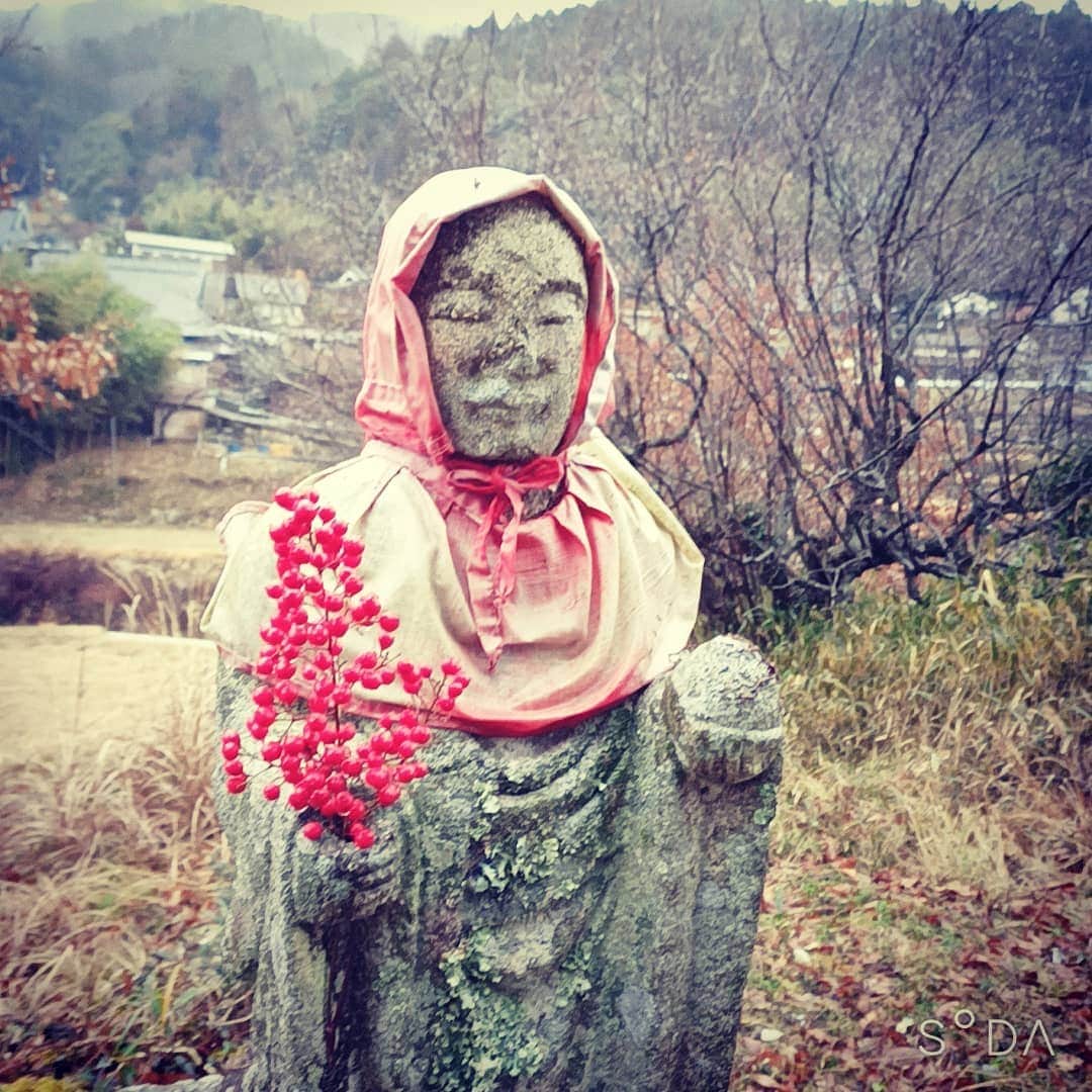松本隆博のインスタグラム：「。 いつものお地蔵さんに、 近くに咲いてたナンテン の実を供養させて頂きました。 ナンテンは｢難を転ずる｣といい 縁起の良いものだそうです。 (^ ^) 今日も雨の中、2時間歩きました。  ～人生遊歩道～」