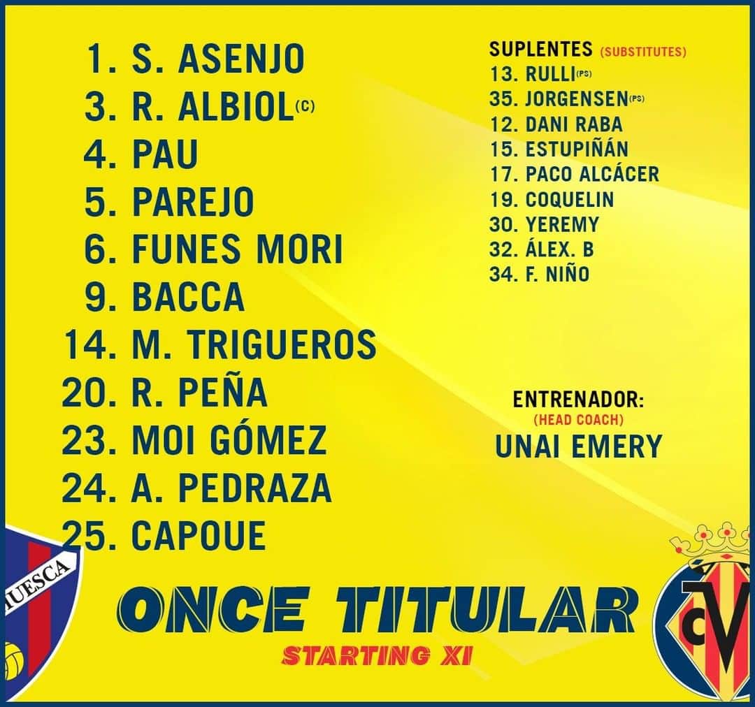 ビジャレアルCFのインスタグラム：「¡Ya tenemos alineación del @sdhuesca 🆚 #Villarreal 📋! ¡Aquí están los once del Submarino para El Alcoraz (14.00h) 💪!  .  We’ve now got a the starting lineup for you for @sdhuesca 🆚 #Villarreal 📋! Here is the Submarine’s 11 to play at El Alcoraz (2pm CET) 💪! . #futbol #football #soccer #laliga」