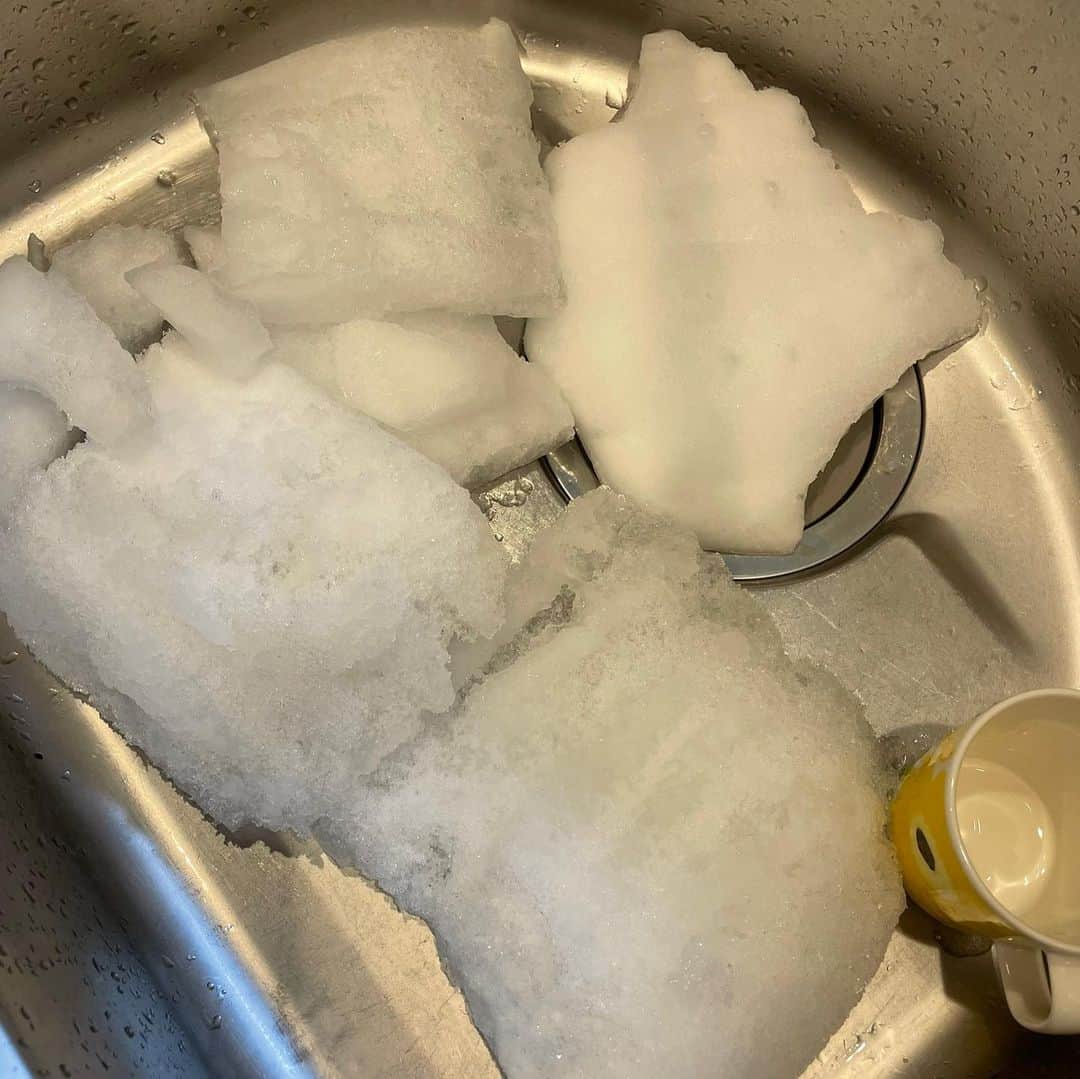 たまたまこのインスタグラム：「冷凍庫がめちゃくちゃ綺麗に🤣🤣 これ全部中に付いてた霜だよ！すごい量」