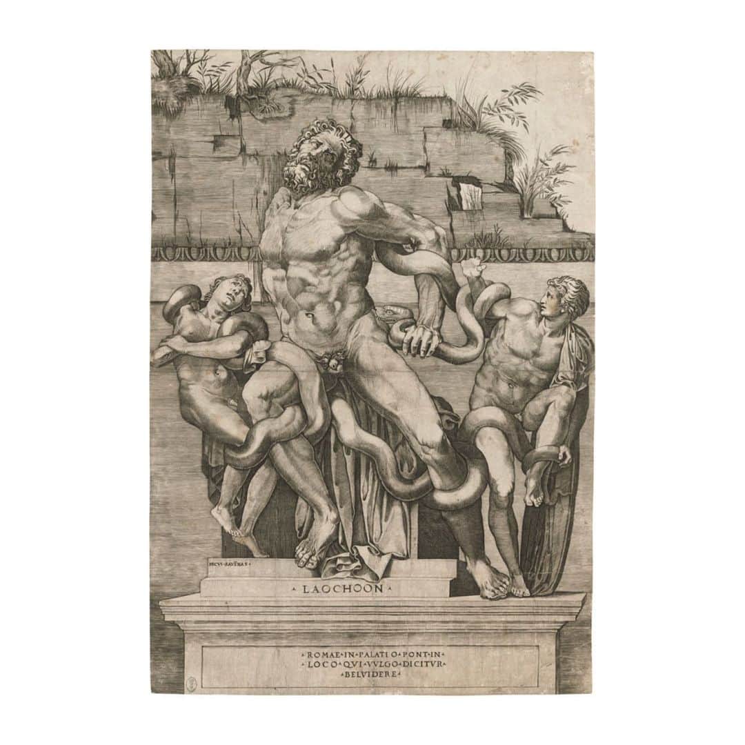 クリスティーズのインスタグラム：「The Laocoön Group, showing the Trojan priest Laocoön and his two sons struggling in vain against the serpents coiled around them, is one of the most famous ancient sculptures ever excavated.⠀ .⠀ It was found on the Esquiline Hill in Rome in 1506, and was soon identified as the Laocoön described by Pliny the Elder in his 'Naturalis Historia' as a masterpiece of the sculptors of Rhodes.⠀ .⠀ Inspired by a revived interest and love for the art of antiquity, and enthralled by this most spectacular and dramatic of ancient statues, a number of printmakers turned to the subject.⠀ .⠀ Among them, Marco Dente da Ravenna faithfully depicted the monument against the background of a charmingly ruined and overgrown, ancient wall. It is the only engraving by Marco Dente that is fully and proudly signed on the plinth: MARCUS# RAVENAS#⠀ .⠀ Marco Dente, (c.1486-1527), 'Laocoön', engraving, c.1520. Estimate: £5,000-7,000.⠀ .⠀ Old Master Prints — 19 - 28 January, online.⠀ .⠀ #MarcoDente #Laocoön ##Laocoönandhissons #engraving #print #oldmasterprints #rareprints #printmaking #Europeanprintmaking #renaissance #renaissanceart」