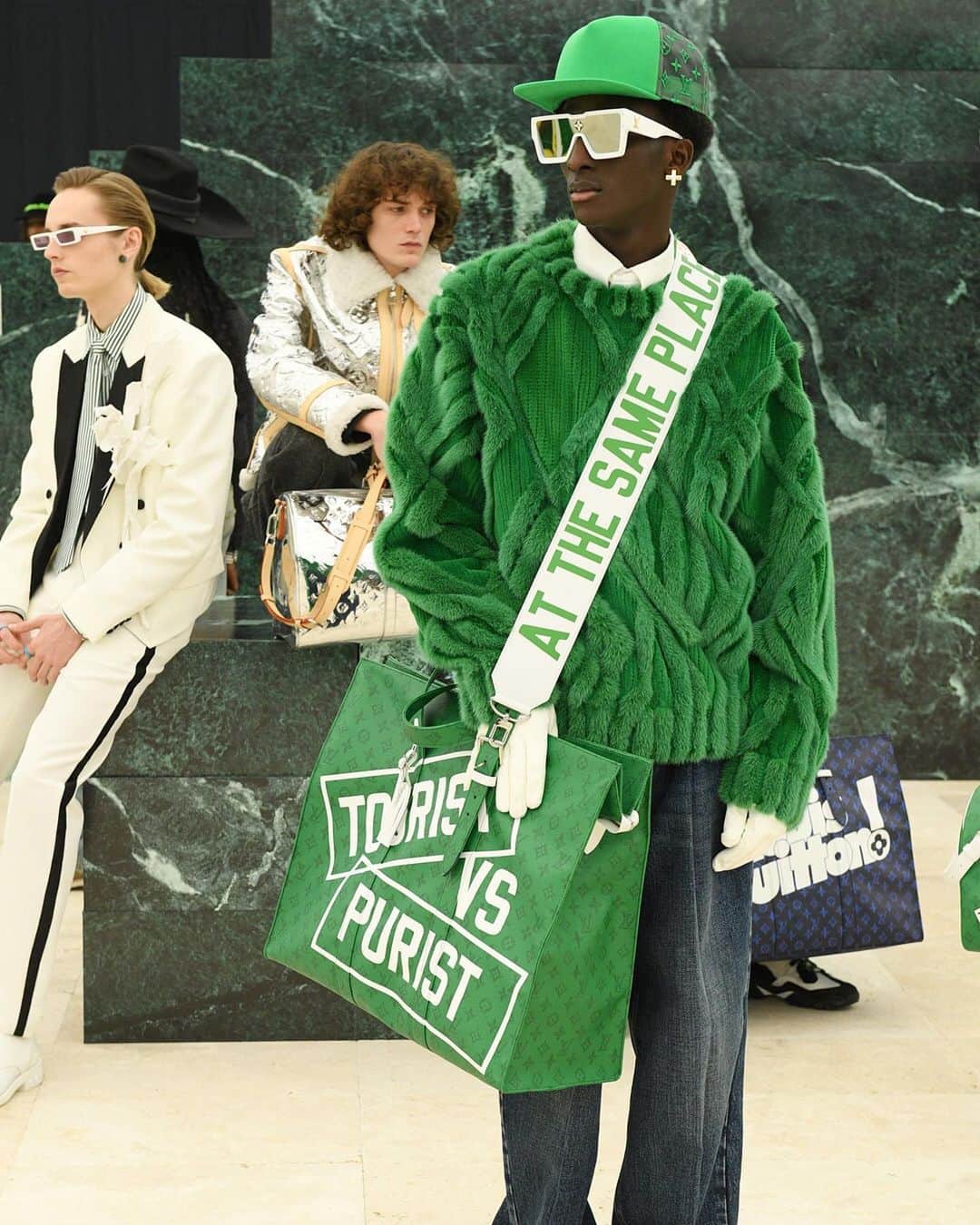 Fashion Weekのインスタグラム：「Green as far as the eye can see at @louisvuitton's Menswear Fall/Winter 2021 show by creative director @virgilabloh at #PFW. Photos by @gettyimages.」