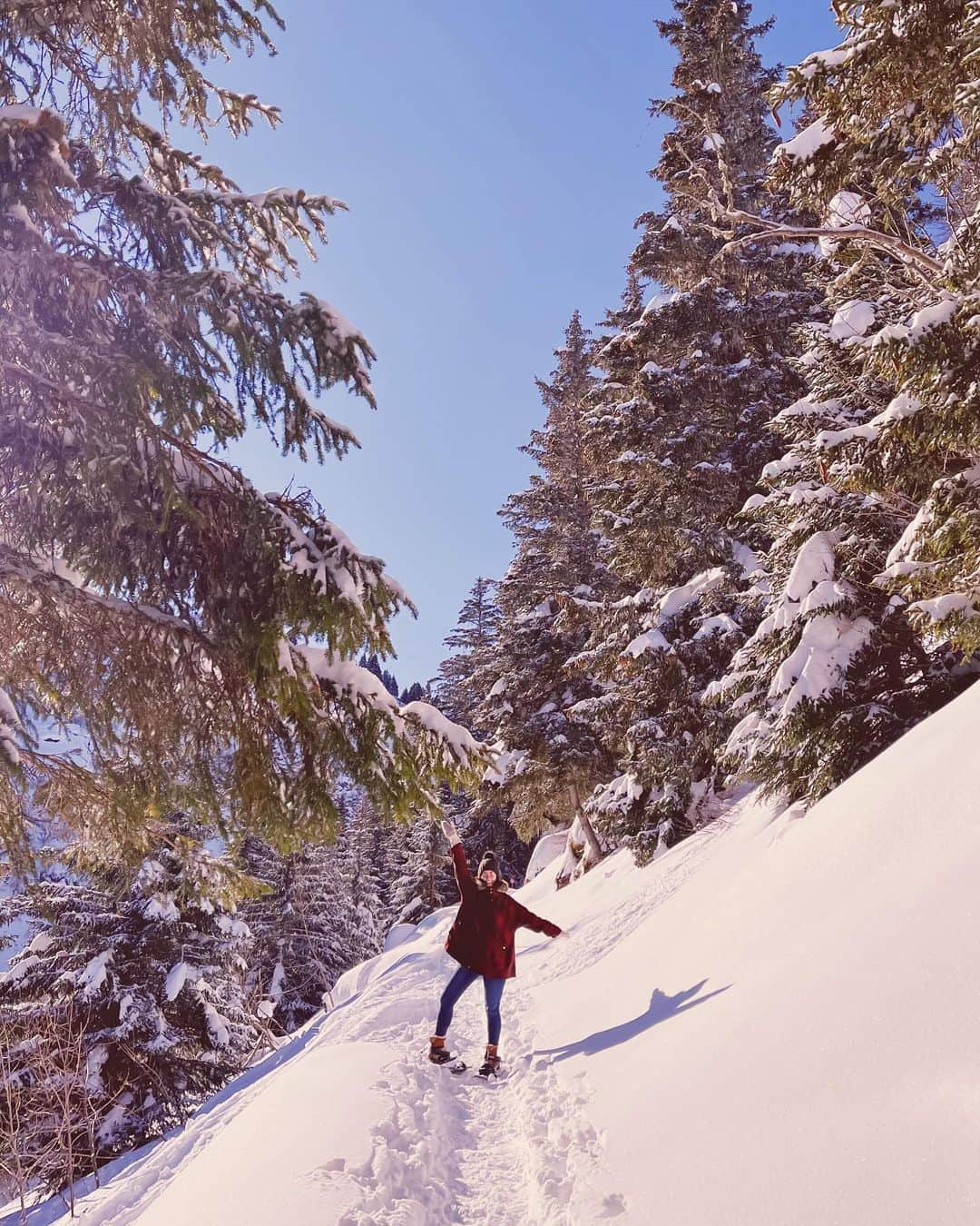 Angélineのインスタグラム：「✏️ Instagram VS Reality — Tu me prends en photo là ?... Attends j’ai la raquette coincée dans la ❄️ ! ——— Encore une magnifique journée où nous en avons pris plein les mirettes ! 5km de randonnée (avec une bonne partie cardio si vous avez vu les stories ahah), de la forêt enneigée, du soleil, une pause buvette avec vue... la régalade !✨ J’ai le droit de ne pas rentrer tout de suite ? C’est pour vous surtout que je dois rester ici, création de contenu tout ça ... non ?🏔 🇨🇭」