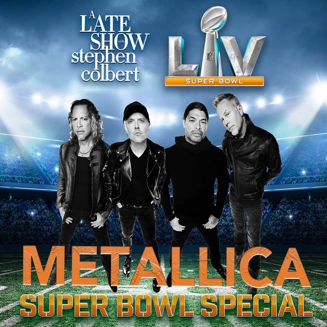 メタリカのインスタグラム：「Stay tuned to CBS after the big game to catch us as the musical guest on @stephenathome’s “A Late Show: Super Bowl Special” at 11:35pm EST/10:35pm CST/8:35pm PST. @colbertlateshow #LSSC #LateShow」
