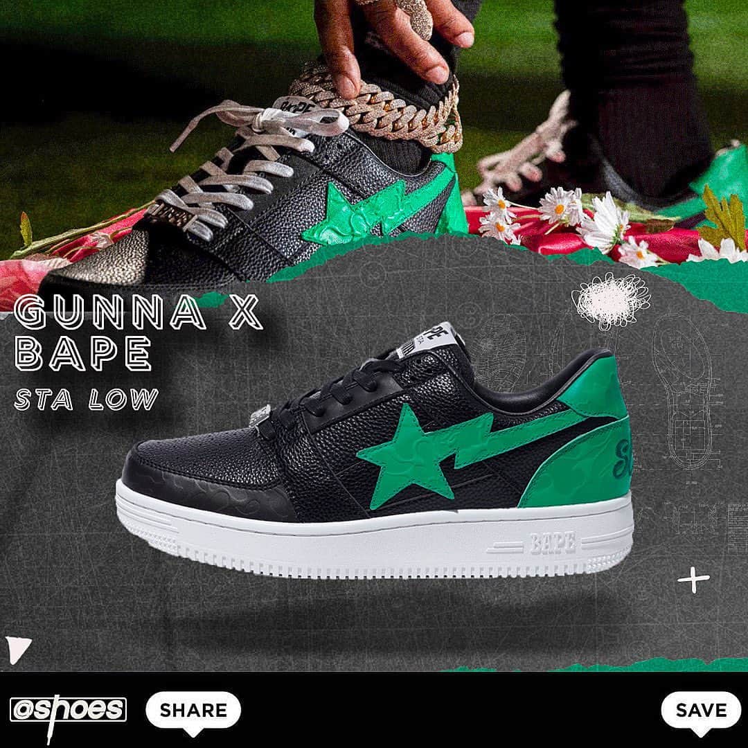 shoes ????のインスタグラム：「From Japan to Atlanta, @bape_us & @gunna have a new STA sneaker collab on the way. 🐍 Dope or Nope?👇   #sneakers #sneakernews #gunna #ysl #nicekicks #hypebeast #highsnobiety #brkicks #complexsneakers #xxl #goat #supreme #yeezy #solecollector #sneakersnstuff」