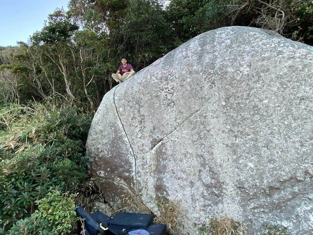 植田夢月さんのインスタグラム写真 - (植田夢月Instagram)「#tb #思い出投稿   2019/12/28﻿ ナポレオンカンテ（と勝手に呼んでる課題）﻿ 📸by @monolithic_block  ﻿ ﻿ 2019年のヨセミテ後のことを殆ど書いていなかった。こんな時期だし、印象深い思い出について少し語ってみる。﻿ ﻿ 2019年の年末は鹿児島県は岸良海岸に行った。初日は永山さん @takahiro_nagayama 達のチームに合流し、開拓中のエリアで少し登らせてもらった。﻿ ﻿ エリアをサッと見学した後、入口にあるクラック課題を登った（写真3枚目）。4級くらいだろうか。勝手に「ウミヘビクラック」と呼んでいる。﻿ ﻿ ここはまだトポが作られていないエリアだが、過去に誰かがこの課題を登っている可能性は十分ある。しかし、チョーク跡は潮風で拭い去られてしまうので、出入りしている人に聞いて回らなければよく分からない。ただ、とりあえずこの日は、初登時のような冒険的な感覚で登ることができた。﻿ ﻿ 次に、スパッとしたきれいなカンテに目がいった。そこにいた方たちは誰も登っていないと言う。﻿ ﻿ 上部まではすぐに行けたが、マントルを返すときにカンテを抱える手が滑るのが恐ろしく、そこで何回も降りた。なんで恐ろしいのかというと、下地が悪いからだ。﻿ ﻿ もしもマントルを返そうとしたときに手がすっぽ抜けたら、下に引いてあるクラッシュパッドを飛び越えて一段下の岩盤に落ちるだろう。すっぽ抜ける勢いや不安定な体勢になることを考えると、大きな怪我をしてもおかしくない。﻿ ﻿ 登るのはまた今度でもいいか…と思いながら、中嶋徹くんや奥村優くんがいる岩にぷらっと行ってみた。2人が「未必の故意」を完登したばかりだった（写真2枚目）。﻿ ﻿ 徹くんが、登れたときのことを少し話してくれた。「課題の上部で落ちて、クラッシュパッドを敷いていない場所に落ちてしまった。心が折れかけたけど、そうこうしてるうちに優くんが先に登ってしまった。もう一度心を奮い立たせてトライしたら登れた。」﻿ ﻿ 日も落ちかけていて、もう車に戻ろうかという雰囲気になった。しかし、私の中で謎のやる気スイッチが入り、「もう一回だけトライさせて」と言ってヘッドランプを着けてカンテに向かった。﻿ ﻿ このトライでも、マントルを返す前で随分と躊躇した。手にありったけのチョークを付けて、覚悟を決めてエイッと返したら岩の上に立つことができた。とても嬉しかった。この日の出来事が印象的で、美しい情景と一緒にたまにふと思い出す。﻿ ﻿ このカンテは、中間部のポケットと下部の水平クラックがあるせいでナポレオンフィッシュの横顔のように見えるので、勝手に「ナポレオンカンテ」と読んでいる（既にどなたか名前付けていたらすみません）。SDスタートで2〜3級くらいなんかなぁー。」2月7日 20時07分 - dream_moco