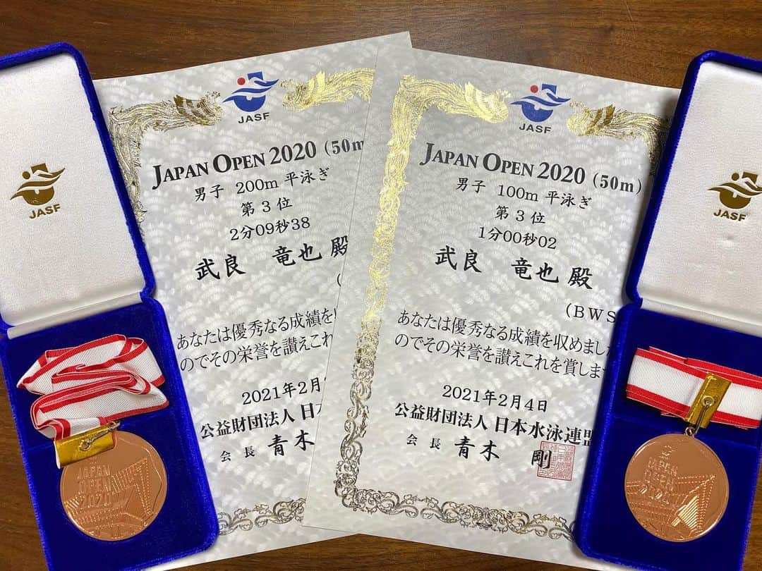 武良竜也のインスタグラム：「Japan Open☑️ 100m平泳ぎ1:00.02🥉  200m平泳ぎ2:09.38🥉  タイムはなんとも言えませんが 日本選手権同様2種目表彰台は成長！ もっと頑張ります。応援ありがとうございました！  #japanopen #ジャパンオープン」