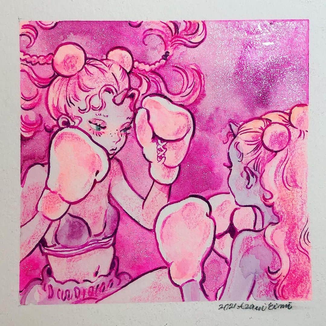 eimiのインスタグラム：「🥊💜﻿ ﻿ #イラストレーション#水彩イラスト#水彩插畫#eimicroquis#eimi#AzamiEimi#illustration#drawing#girlsillustration#pink#artwork#watercolorpainting」