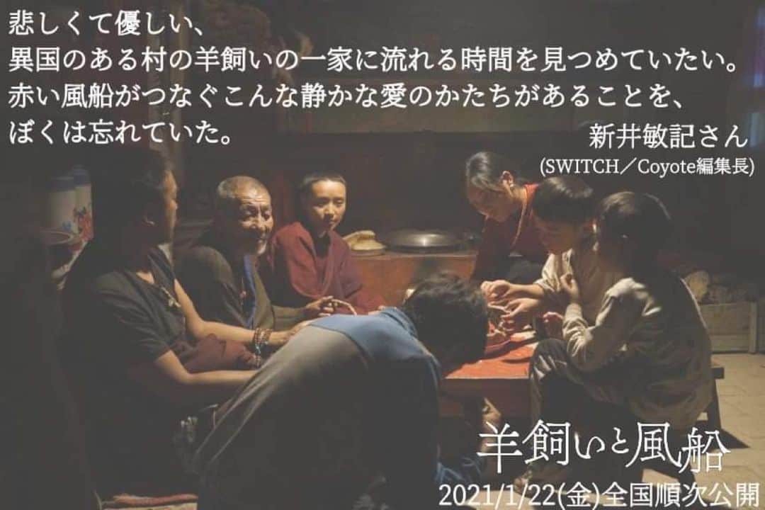 新井敏記のインスタグラム：「現在公開中の映画『羊飼いと風船』にコメントを寄せました。  ＜異国の村のくらし＞ 悲しくて優しい、異国のある村の羊飼いの一家に流れる時間を見つめていたい。赤い風船がつなぐこんな静かな愛のかたちがあることを、ぼくは忘れていた。 ー #新井敏記 さん( #SWITCH／#Coyote 編集長) @arai_toshinori  http://www.bitters.co.jp/hitsujikai/」