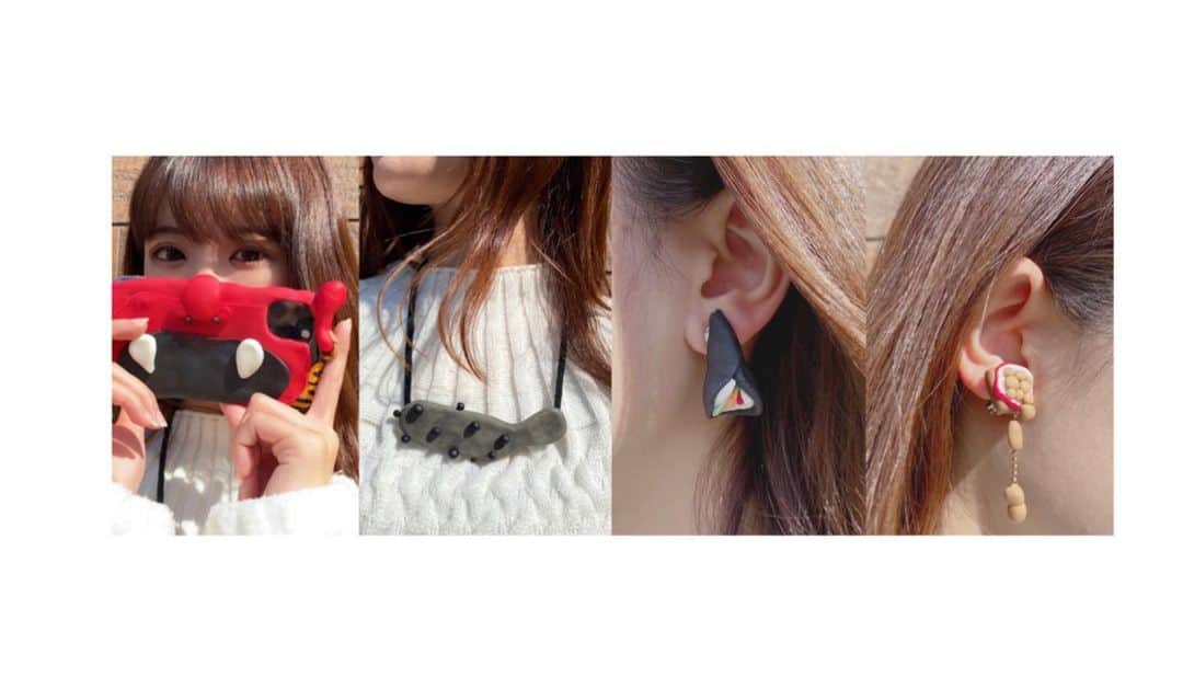 外薗葉月のインスタグラム：「#オンライン握手会　 昨日の小物たち。  少し遅れた節分👹 左から鬼.金棒.恵方巻.お豆✌︎」