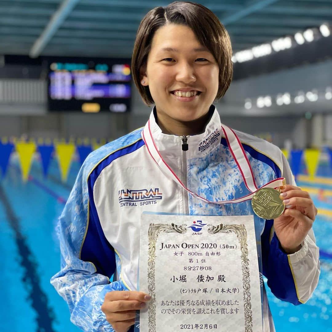 小堀倭加のインスタグラム：「. JAPAN OPEN 2020  400mFr 🥇　ベスト　学生新 200mFr 🥈　ベスト 800mFr 🥇　ベスト 1500mFr 🥇  . 2021年最初のレースは、派遣標準記録を突破して自己ベストも更新することができました🌟 4日間のレースで4300mはさすがにきつかった😅 応援ありがとうございました！  4月には更に自己ベストを更新できるように、頑張ります😊  . #Japan Open2020 #東京アクアティクスセンター  #初優勝#学生新#派遣記録突破」