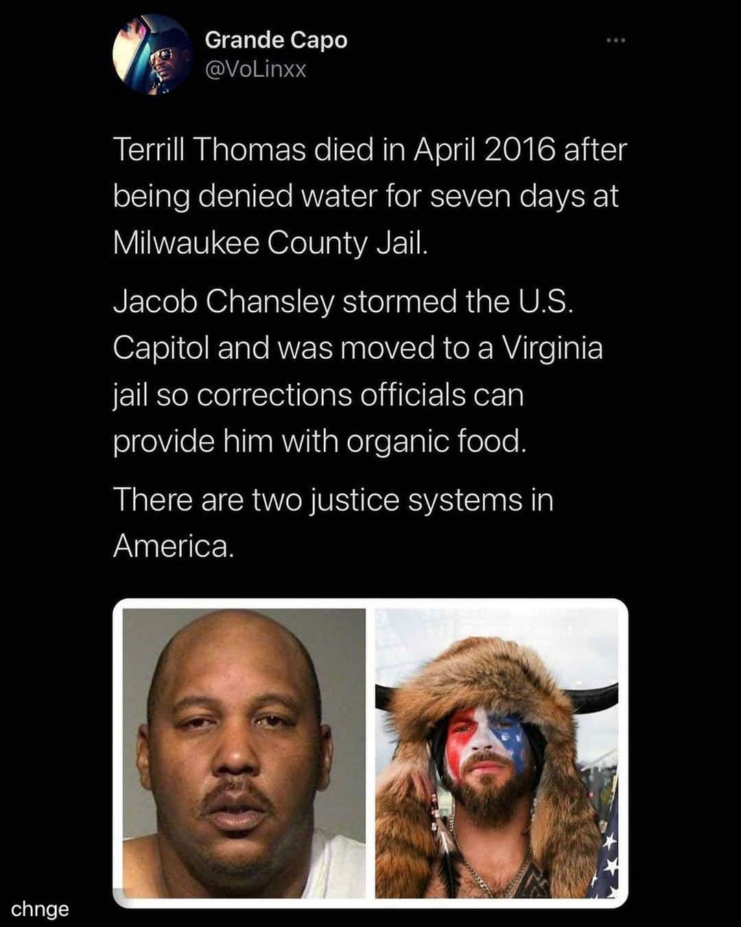 アイシャ・タイラーのインスタグラム：「Terrill Thomas, 38, died of dehydration in Milwaukee County Jail in April 2016. According to an article in NPR titled: $6.75 Million Settlement Paid To Family Of Milwaukee Inmate Who Died Of Dehydration, "They forced him to spend the last week of his life locked in an isolation cell 24 hours a day, with no drinking water, no edible food, no working toilet, no mattress, no blanket, no shower access, no means of cleaning his cell, no ability to communicate with his family, no relief from constant lockdown, and no meaningful access to urgently needed medical or mental health care," the complaint states.  Terrill Thomas was arrested having a mental health crisis, he had fired a gun in a casino. He was believed to suffer from bipolar disorder. No one was shot at the casino, but several people were hurt as they tried to run away. After dropping his gun into a garbage can, Thomas surrendered and told police that he opened fire “because suspicious people, whom he called ‘snakes,’ were inside the casino.”  Compare and contrast to white organic-food-demanding terrorist Jacob Chandler.  Tweet by @volinxx  Reposted from @chnge  Reposted from @wefuckinghatedonaldtrump #whiteprivilege #jacobchansley #terrillthomas」