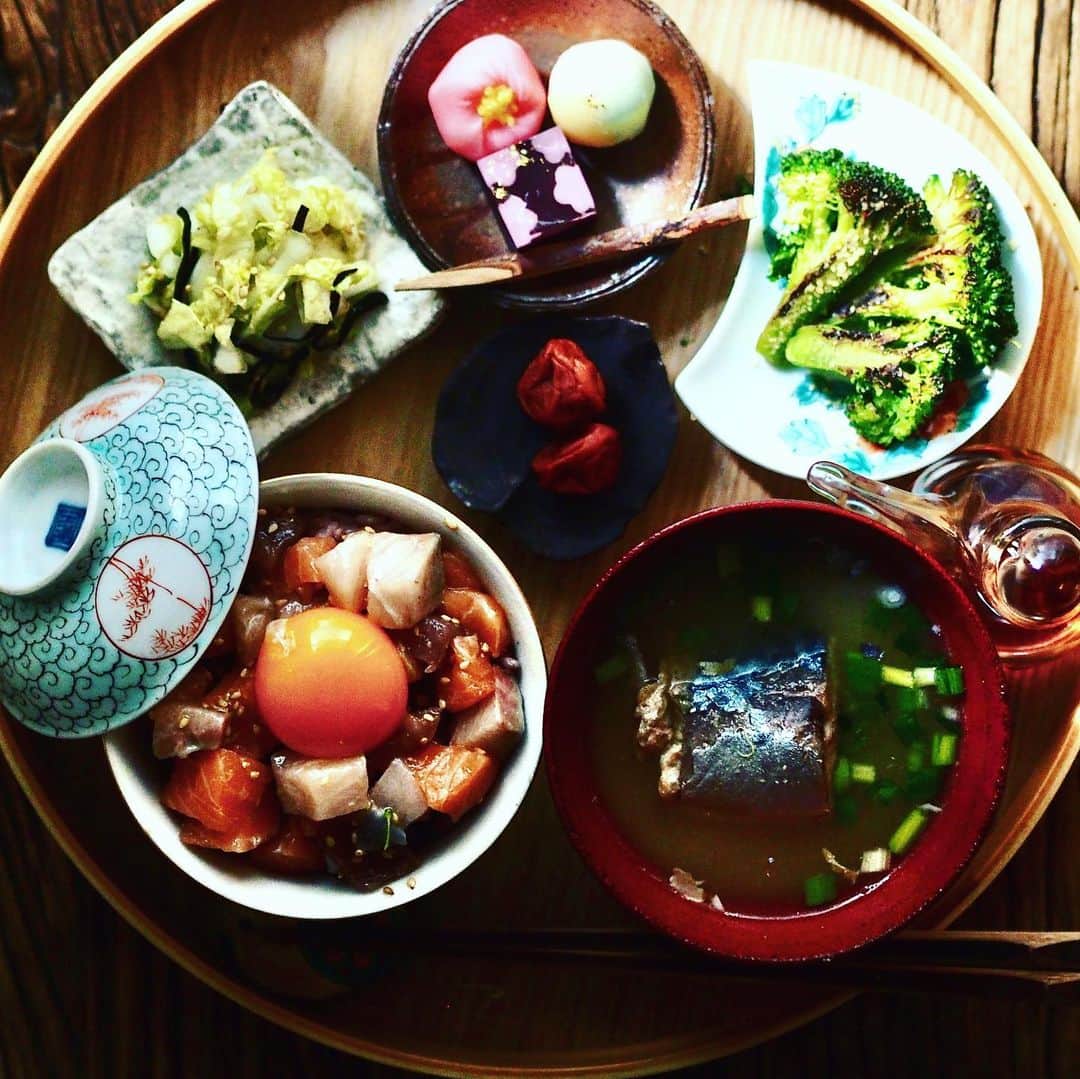 まこ/makoのインスタグラム：「. 一個前の和菓子のっけた朝ごはん。こう見たらわかりやすいですよね。ほんとにめっさ小さくてかわゆいのですよ。 サイズ感がツボりました。 . あと、海鮮色々混ぜての漬け爆弾丼。 お味噌汁はリュウジのバズレシピで鯖缶使ったお味噌汁が簡単で意外においしくてはまってます。 ブロッコリーもYouTubeで見たコンケンテツさんのレシピだったと思う。 . . . 最近のおうち時間はYouTube見るか音楽聴くかです。 仕事疲れで、最近SNSからあえて離れるようにしてましたので、ここの投稿もおサボり中💦 . 音楽といえば去年末のvaundyのライブのチケットとったんだけど、まぁコロナで延期になってまして（あっても行けるわけないし）行き場のない気持ちでオンラインで、いつ着るんっていうvaundyグッズをものすごい買い漁りました。 だいたいライブのTシャツとかのグッズって、ライブ会場以外では着ないよねぇ〜。いや着る？ . . . . .  . ってか、こんな気まぐれ投稿のわたくしめに、いいね押してくださる方ありがとうございます🙇‍♀️🙇‍♀️🙇‍♀️ . . . . . .  #おうちごはん#おうちカフェ#ワンプレート朝ごはん#カラフルワンプレート#朝ご飯#朝ごはん#和んプレート#ワンプレートごはん#器#あさごはん#먹스타그램#음스타그램#おぼんdeごはん #breakfast#foodporn#IGersJP#onthetable#japanesebreakfast#washoku#古伊万里 #高田志保 #平岡仁」