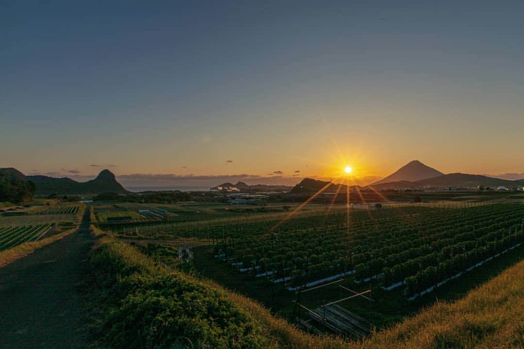 鹿児島よかもん再発見のインスタグラム：「指宿市山川町成川にて(^-^)/  開聞岳と竹山を同時に眺められる場所  素敵な夕暮れでした(*´∀｀)  #鹿児島 #鹿児島観光 #指宿 #指宿観光 #山川町 #成川 #開聞岳 #竹山 #鹿児島の風景 #鹿児島の自然 #夕暮れ #japan #kagoshima #sunset」