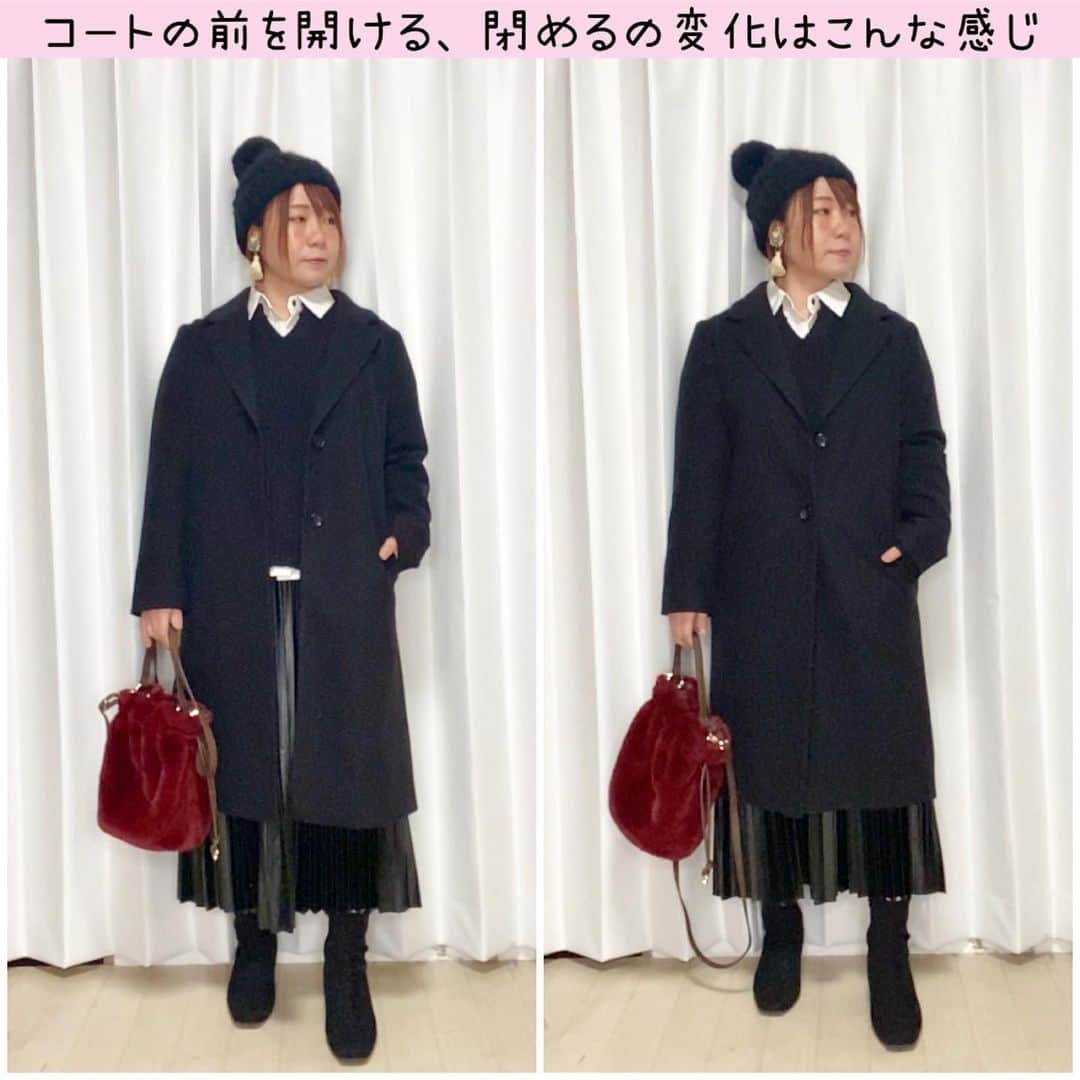 おかだゆりさんのインスタグラム写真 - (おかだゆりInstagram)「.  🐰🐰🐰  ※アイテム名詳細記載してないものは分からないので似てるものを探してください🙏  .  今日から1週間は #シャツコーデ　週間です♪♪♪  冬にシャツを使うのはどんなとき？ シャツがあることで着膨れないシチュエーションって？？？  というのが伝わればいいなぁと思います◎  ちなみに"ケンシロウ"っていうのは重ね着のときに肩〜二の腕がごわつくのが嫌で袖を切り落としたしゃつのことです笑笑  今回わたしはキングリリーのシャツで合わせていますが、市販のでももちろんいいし、襟付き白シャツをケンシロウにして代用してもいいと思います◎！！  "黒コーデでゴツい塊にならないコツ" をここ何日かで色々投稿していますが、  ポイントに  ✔︎異素材で合わせること ✔︎黒に近い色で微妙に色を変えるとメリハリが出る  などなど伝えていますが、  襟ぐりが広めのニット(黒パーカーとかでも◎)に白シャツの襟を効かせることで顔まわりが明るく、かつ黒で外側をコーティングした部分から中央に視線が戻ってきます！  そして異素材で黒を合わせることで (ニット、レザー、スエード合皮) ただの塊に見えずメリハリが生まれます◎！  着膨れしない最大のポイントは"ブーツの足首をキュッと見せること(隠さない)"  と  白シャツの襟のポイントを中央に配置して視線を集め、"首を際立たせること"  で  冬は物理的に手首、足首は布で隠れますが"首と足首"をキュッとスッキリ見せつつ、帽子やイヤリング、メガネなどで視線をさらに上にあげることができれば全体的なバランスはスラッと見えやすいです◎！  全体をモノトーンにしてバッグに色を入れるとモードなのにオシャレな印象に。  よりモード感を出すならボンボンのないニット帽にするか、ベレー帽なんかに変えてあげてもいいと思います◎  わたしはどこか子供っぽいというか可愛らしい要素を少し入れたくなるのでボンボンニットにしています♪♪♪  冬こそシャツは使えるアイテムなので、ここから1週間ぜひ楽しみにしていてくださいね🥳🥳🥳  .  最近冬コーデなのもあって "着痩せしてない"ってよく言われるんですが……  何も考えずにオーバーサイズを選んだり、何も考えずに地厚のニットを選んだりした時にズドンと見えてしまうのに比べて、少しでも着膨れないコツをお伝えしてます🙆‍♀️  オーバーサイズを着たいけどなるべくスッキリ見せたい!!!!!!って方だけ参考にしてくださいね🙆‍♀️  . . .  #冬コーデ #白シャツコーデ #ニットコーデ #モノトーンコーデ #ブラックコーデ #155cm #低身長コーデ #肩幅が広い #二の腕が太い #お尻が大きい #太ももが太い #着痩せ #着痩せコーデ #細見え #大人カジュアル #シンプルコーデ #きれいめコーデ #きれいめカジュアル #ハンサムコーデ #KINGLILY #ラグラン袖ベーシックシャツ #しまむら #gu #フェイクレザープリーツスカート #honeys #チェスターコート #styleforme #自分のためにオシャレを楽しむ #おしゃれ好きな人と繋がりたい」1月24日 12時48分 - kinglilydesigner