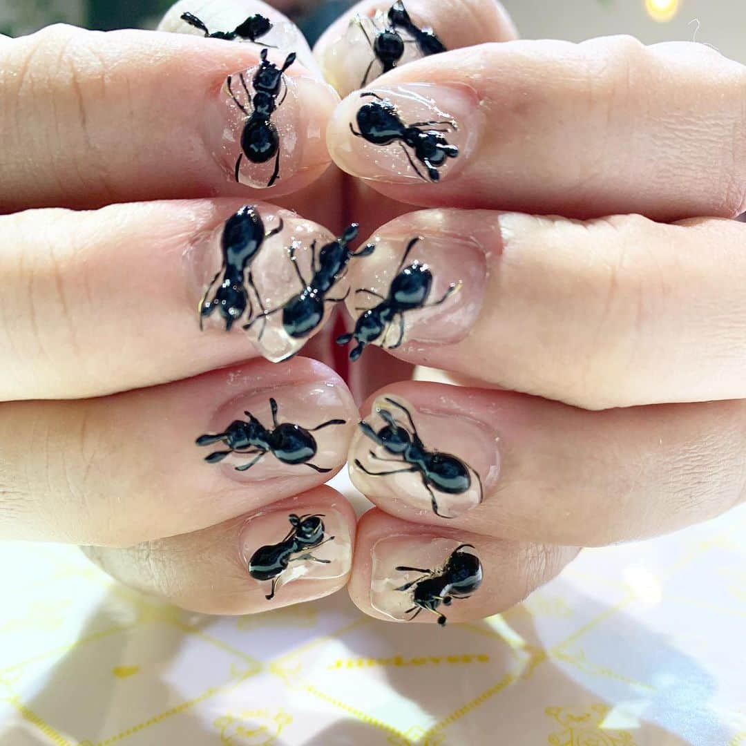 mamijinguさんのインスタグラム写真 - (mamijinguInstagram)「@tk_mmm  1月の昆虫ネイルは🐜🐜🐜  今回も前回の🐞に続きとにかくひたすら同じ物を作る修行みたいだったけど、やっぱり完成品を見ると自画自賛したくなるほどでした😂 〝気持ち悪い〟は褒め言葉笑  では、来月もキモカワネイルになります様に✨  #jillandlovers #nail #nailart #paragel #gelneil#gel #ネイル #ネイルアート #me #look #love #かわいい#あり#3dネイル」1月24日 14時32分 - mamijingu