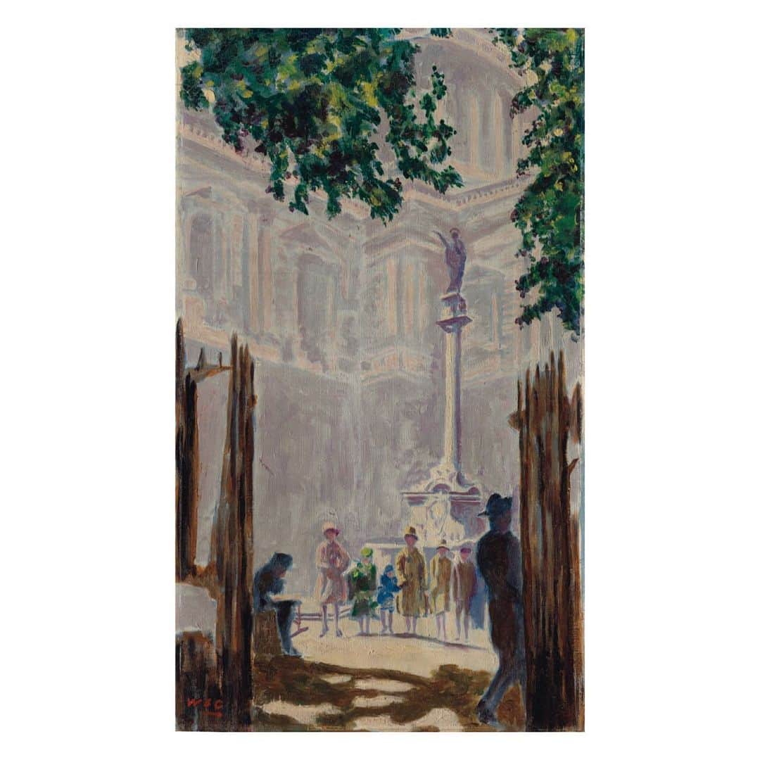 クリスティーズのインスタグラム：「Sir Winston Churchill (1874-1965), best known for serving as Britain's prime minister during World War II, was also an avid painter.⠀ .⠀ 'St Paul's Churchyard' (c.1927) was donated by the artist to Queen Mary for her charity auction held at Balmoral Castle in aid of Crathie Parish Hall Fund and local charities.⠀ .⠀ Also pictured here is a photograph of the work being carried by hand to auction and Queen Mary can be seen to the left of the image.⠀ .⠀ Today marks the 56th anniversary of Sir Winston Churchill's passing.⠀ .⠀ The painting will feature in our upcoming Modern British Art Evening Sale on March 1.⠀ .⠀ Sir Winston Churchill, O.M., R.A. (1874-1965), 'St Paul's Churchyard' c.1927. Estimate: £200,000-300,000.⠀ .⠀ Modern British Art Evening Sale — 1 March, London.⠀ .⠀ #WinstonChurchill #Churchill #anniversary #QueenMary #BritishArt #painting #photograph #artist」