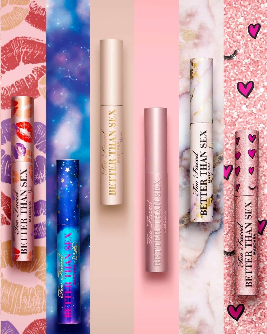 Too Facedのインスタグラム：「🔥 NEW NEW NEW 🔥 Get ready to experience our ICONIC Better Than Sex Mascara in sexy, limited-edition designs created by the influencers you love! 🤩 (Left to right) @makeupshayla, @chrisspy, @shanigrimmond, @iluvsarahii, & @nahcardoso dressed up the holy-grail of mascaras with signature packaging inspired by their personality & passions! 🚨Get it first on toofaced.com and @ultabeauty! #betterthansex #toofaced」