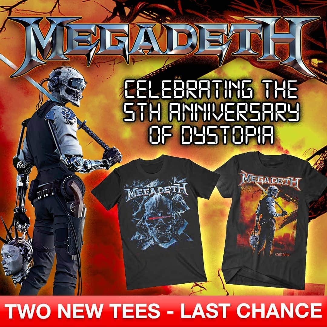 Megadethのインスタグラム：「Celebrating the 5th Anniversary of Dystopia. Two New Tees - Last Chance! Pre-order now! gtly.to/BAiblVo44 (link in bio)」