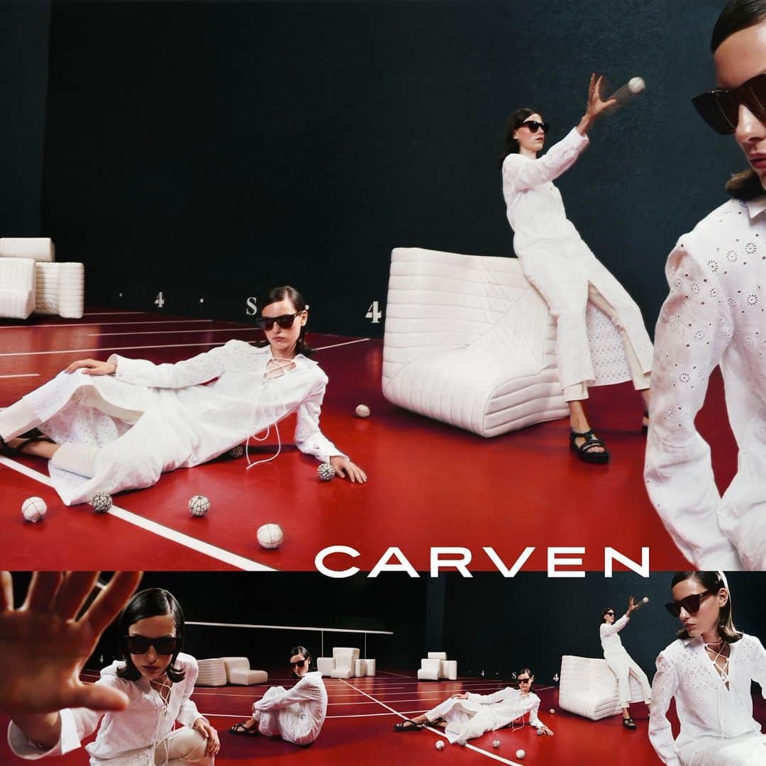 のインスタグラム：「#Carven Spring-Summer 2021 Collection  Artistic direction @olivierleone Photographer @carlijnjacobs Video @axelmorin_ Stylist @victoiresimonney Image @carlafrediani & @yoannetmarco Model @carolineknudsen_ Choreographer @ericvonchristison Hair @ramoneyluv Makeup @karinwesterlundd Manicure @beatrice_eni Set design @corentin_still Casting @ikki_casting Production @white_dot_prod Sound design @lauriedarmon  A pop-chic spirit, a movement between the strange and the casual, between the mysterious and the iconic, #Carven Spring-Summer 2021 Collection is now available in stores and on www.carven.com   #CARVENSS21」