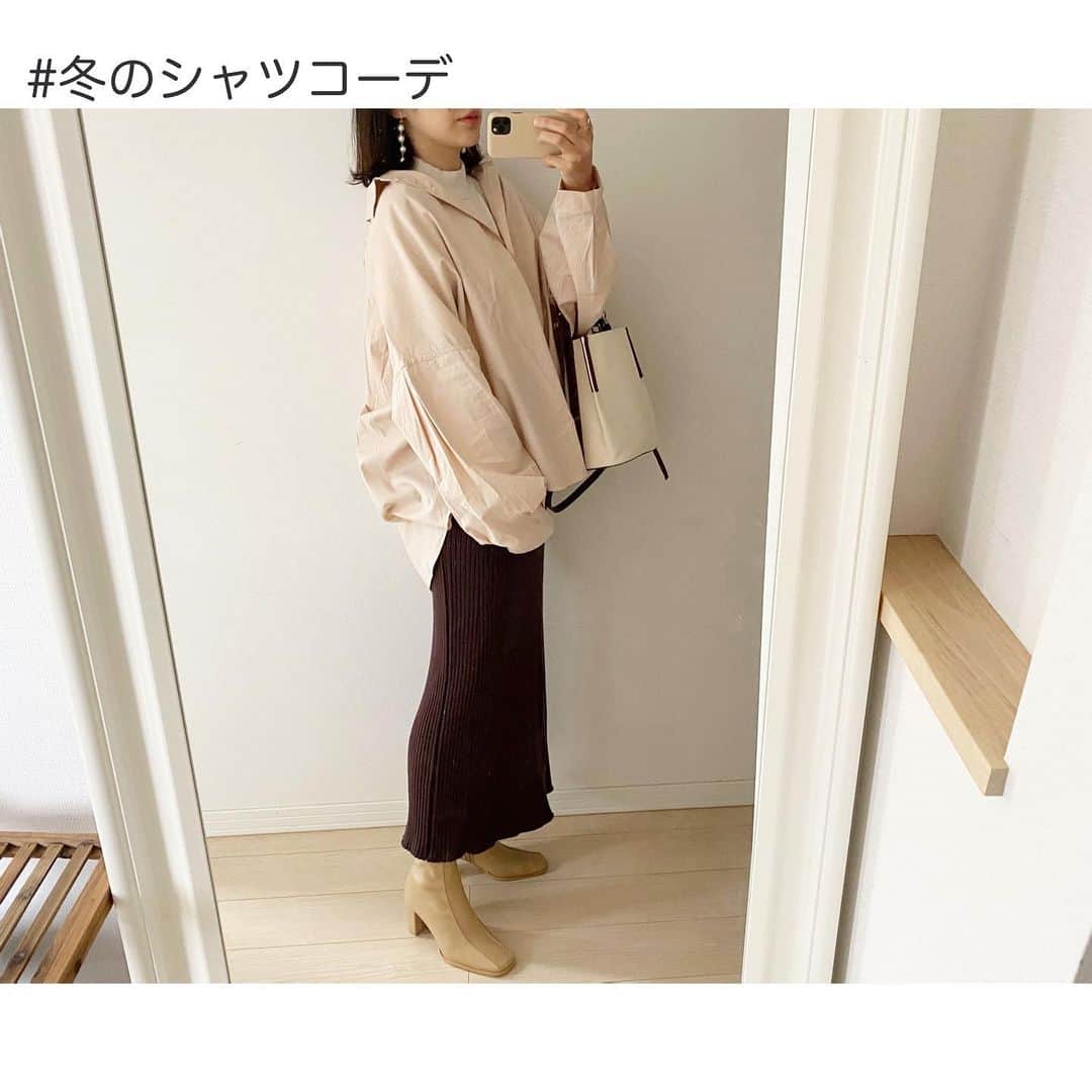 nanaのインスタグラム：「* 冬コーデに少し飽きてきたのでシャツを投入🤤 * 着てみたら、デザインがかわいすぎて興奮しました！🤣笑 * 中に薄手のニット合わせで今から着られる🥰 * * shirt : @faledge drop shoulder shirt * * *」