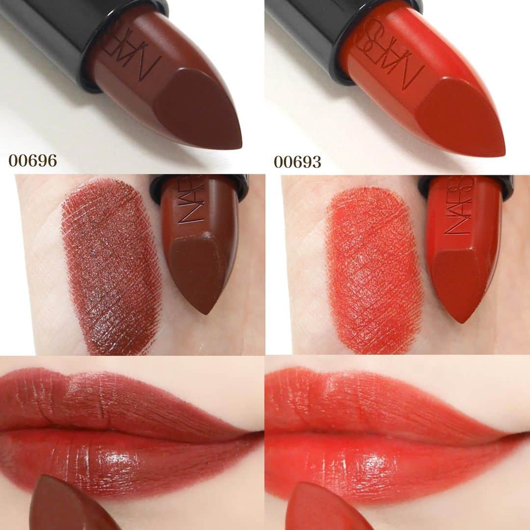 海老原りささんのインスタグラム写真 - (海老原りさInstagram)「💄NARS クローデットコレクション💄﻿ ﻿ ﻿ ﻿ バレンタインにぴったりなパッケージ…🎁  ﻿ NARS創業者であるフランソワ・ナーズの母である﻿ クローデットに着想を得た﻿ クローデットコレクションが登場するらしいよ🤭 ﻿ ＼数量限定なので要チェック！／﻿ ﻿ ✔︎サンジェルマンデプレ アイシャドーパレット﻿ ￥6,490(税込)﻿ ﻿ マット、サテン、シマーのテクスチャーで﻿ あたたかみのあるニュートラルな6色が﻿ひとつのパレットに👏🏻✨﻿ ﻿ パッケージが黒×ハート柄なんて﻿大人可愛すぎる…！﻿ ﻿ 私は6色の中でも控えめなカラーの﻿ シマリングトープとマットシナモンブラウンで﻿ メイクしてみたんだけれど﻿ ブラウングレーのような発色で﻿ 光沢感も合わさって大人っぽい仕上がり☺️✨﻿ ﻿ ✔︎オーデイシャスリップスティック ¥4,290(税込)﻿ ﻿ 合わせて使用したのは00696﻿ ディープブラウンレッド。﻿ ひと塗りでしっかり発色だったので﻿ 少しずつのせてポンポンと馴染ませたよ💋﻿ ﻿ なにより乾燥しにくくにじみにくい◎﻿ ﻿ ﻿ NARSのアイシャドーは﻿ 一見ナチュラルで淡く見えるカラーでも﻿ 肌にのせてみると大人っぽく仕上がるから素敵🥺💕﻿ ﻿ ﻿ ﻿ 📍2021年2月5日 数量限定発売﻿ #NARSクローデットコレクション#クローデットコレクション#NARS#サンジェルマンデプレアイシャドーパレット#オーデイシャスシアーマットリップスティック#オーデイシャスリップスティック#ナーズ#コスメレビュー#コスメスウォッチ#美しさにルールはない」1月24日 22時08分 - ebichan_nn_n