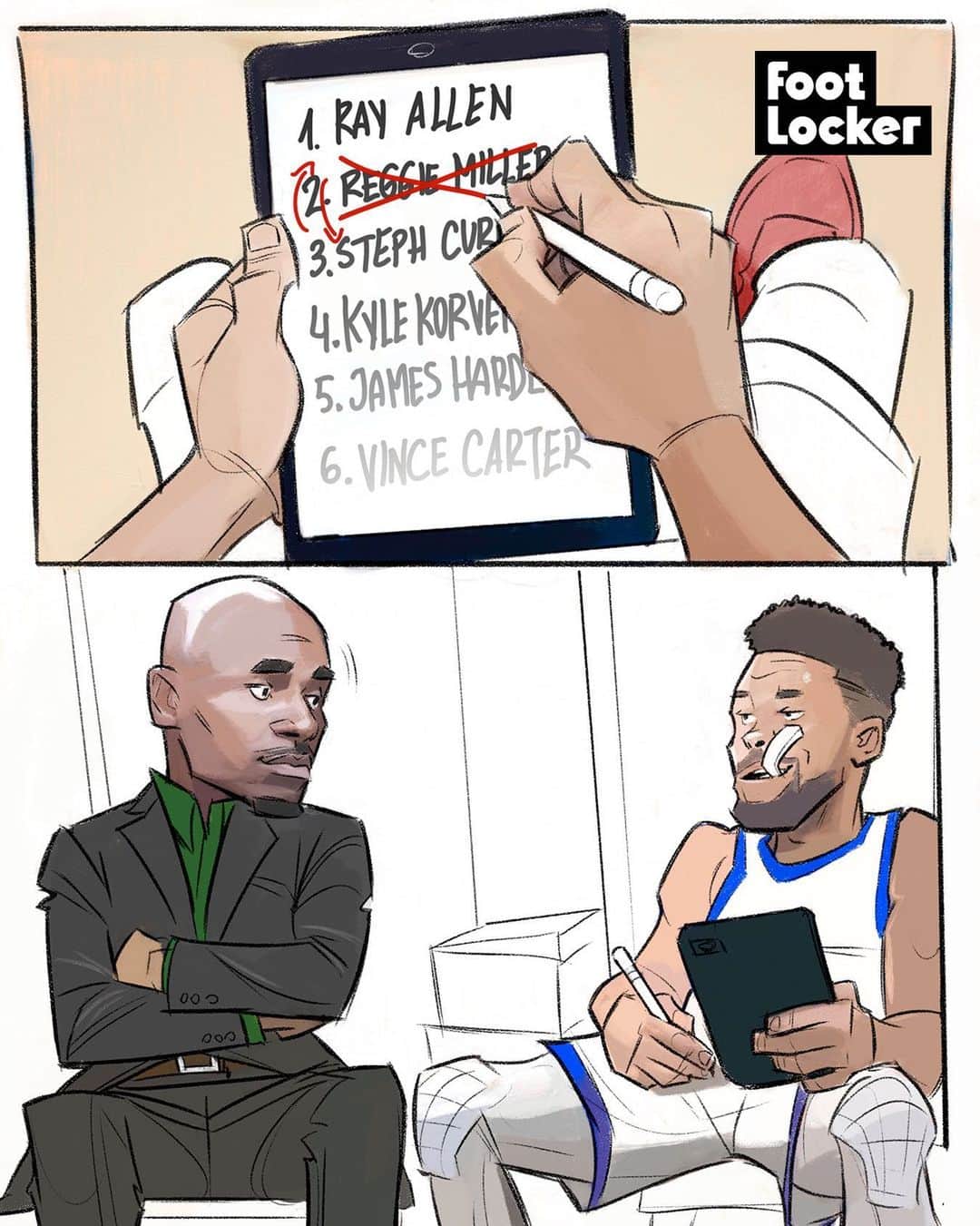 Foot Lockerのインスタグラム：「Splash Bro 💧 Steph Curry is No.2 on the all-time threes list, passing Reggie Miller!  Ray Allen up next 👀  🎨 by @karmoruu」