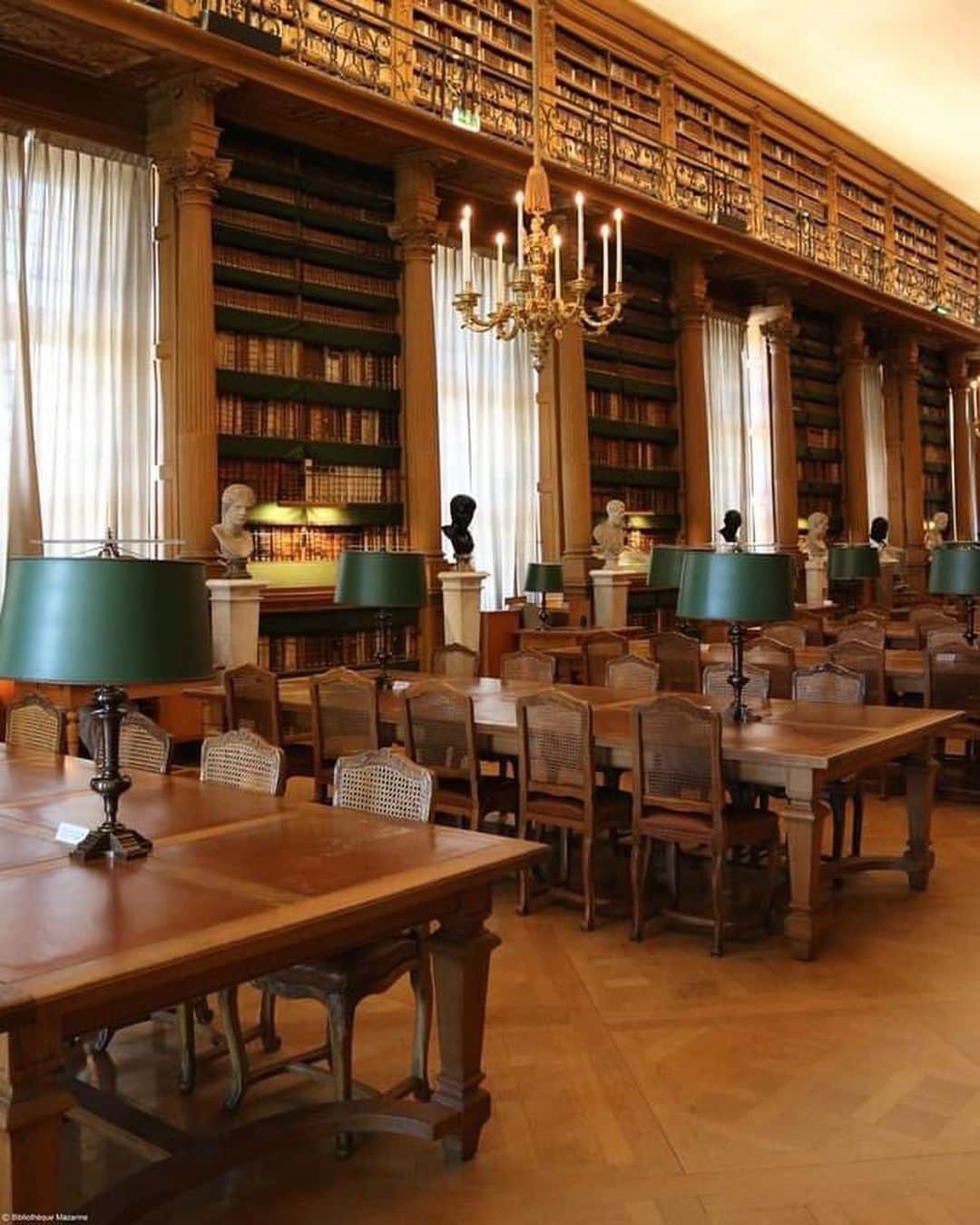 フランス大使館さんのインスタグラム写真 - (フランス大使館Instagram)「1643年に研究者に門戸が開かれたマザラン図書館はフランスに存在する最古の公立図書館です📚大変な愛書家であったと言われるマザラン枢機卿の個人図書館を前身としています。閲覧室には、アンティークの胸像や家具が飾られています。17世紀の木造細工で飾られたギャラリーや、彫像、天井に達する本、美しい緑色のランプなどが飾られていますよ✨#読書の夕べ🌝 📷: www.bibliotheque-mazarine.fr」1月25日 11時10分 - ambafrancejp