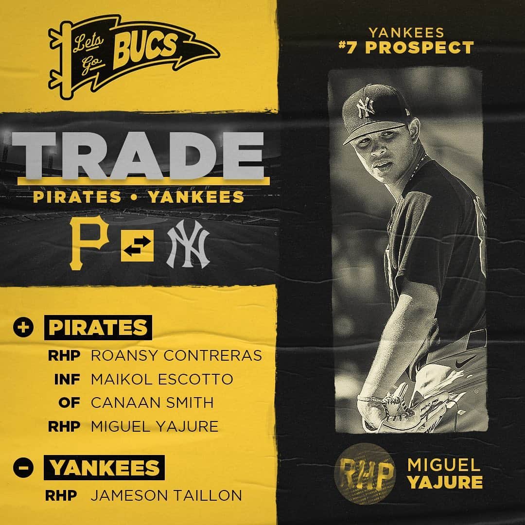 ピッツバーグ・パイレーツのインスタグラム：「OFFICIAL: We have acquired RHP Roansy Contreras, INF Maikol Escotto, OF Canaan Smith and RHP Miguel Yajure from the New York Yankees in exchange for RHP Jameson Taillon.」