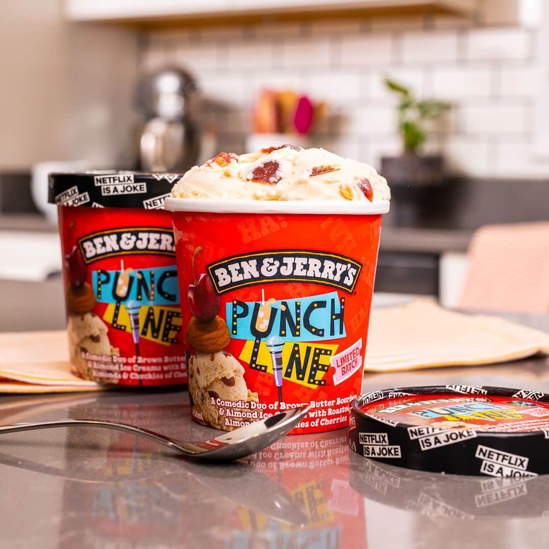 Ben & Jerry'sのインスタグラム：「Two ice cream flavors. Plenty of funky chunks. Punch Line keeps you on your toes, just like your favorite @netflix comedy specials! Find it near you at the link in our bio.」