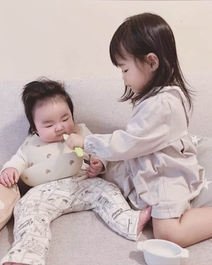 さっぴちゃんのインスタグラム：「... . 最近はがっくんに離乳食をあげていると  👧🏼ママ〜わたしもやりた〜い！ と言ってくれて、食べさせてくれるꪔ̤̮ˎˊ˗ . 上手にあげられない人と 上手に食べられない人とで 全然食べられないけど☺️(笑) 嬉しい光景♡♡ . もうすっかりお姉ちゃんだね⌣̈⃝♥︎ . がっくんは嬉しそうに笑ったり あかりは途中でこぼれたお粥を拭いてくれたり 幻のちょうちょを見つけたり😂 . 姉弟って面白い(ˊᵕˋ)𓂃𓈒𓏸 ずっと仲良しでいてくれたらいいな☺️♡♡ . . そしてあかり寝癖凄いし がっくんは常に髪の毛立ち上がってる🤣ˎˊ˗ . ちなみにがっくんはハイローチェアもバンボも 座るとギャン泣きするので、いつもソファーで 食べさせてます☺️なのでソファー汚れまくり(笑) . . ………………………………(♡)……………………………… .」