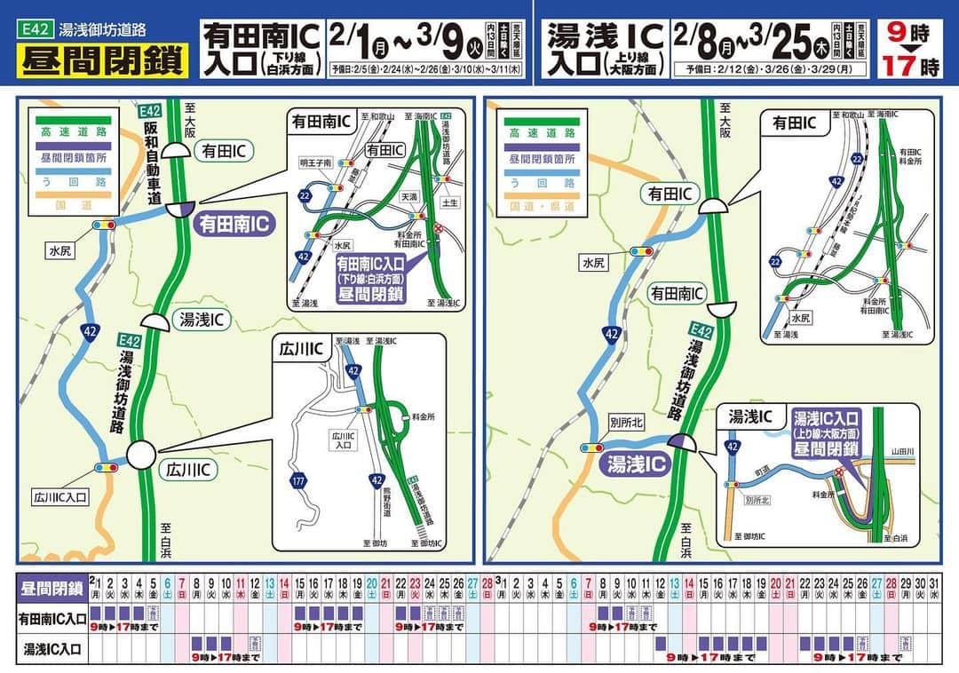 きいちゃんさんのインスタグラム写真 - (きいちゃんInstagram)「【高速道路　通行規制のお知らせ】  E42湯浅御坊道路  ・有田南IC入口　昼間閉鎖  　令和3年2月1日～4日、2月15日～23日､3月8日～9日  　土日除く毎朝9時～夕方17時まで  ・湯浅IC入口　昼間閉鎖  　令和3年2月8日～10日、3月12日～25日  　土日除く毎朝9時～夕方17時まで  ご利用の際には、ご注意下さい。  詳しくは、ネクスコ西日本のHPをご確認下さい。  https://corp.w-nexco.co.jp/corporate/release/kansai/r2/1225/  ＊＊＊＊＊＊＊＊＊＊＊＊＊  　４車線化で広がる見える  　　　和歌山の魅力  　　有田IC～印南IC間  　　令和3年内完成予定  #和歌山県　#和歌山　#高速道路 #通行規制 #湯浅御坊道路 #有田南 #湯浅 #ネクスコ西日本 #昼間 #閉鎖」1月25日 10時00分 - wakayamapref_pr