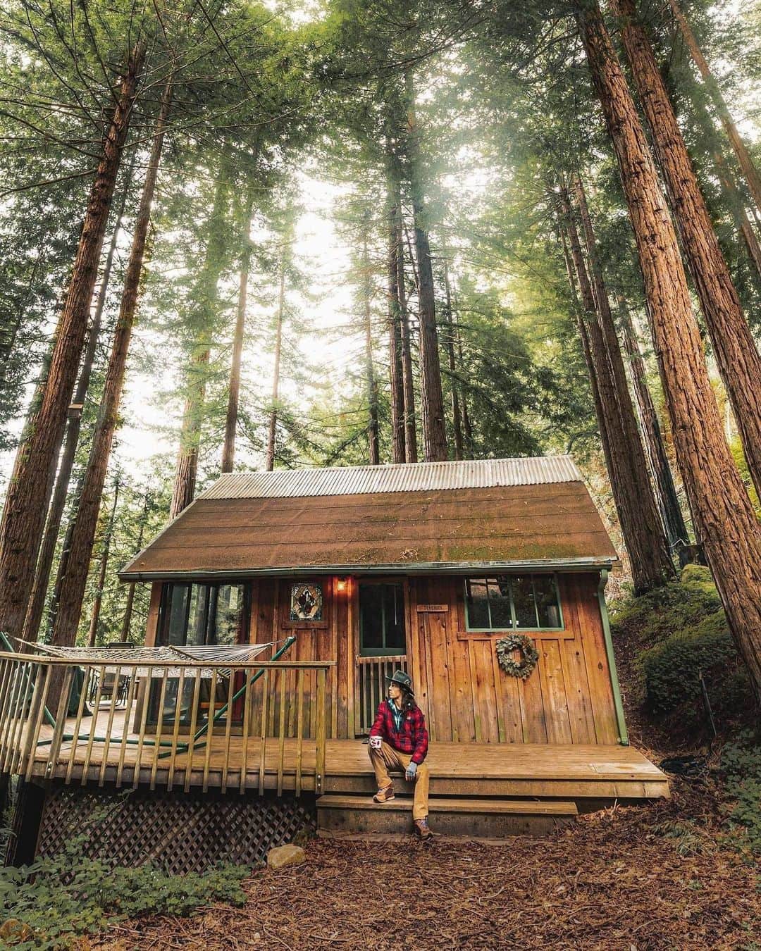 Airbnbのインスタグラム：「California travel might be tricky right now, but updating your wish list isn’t. Why not go big—redwoods big? This serene Big Sur cabin lets you soak up the energy of the surrounding redwoods from hammock or hot tub. Douglas, your host, will point you toward his favorite coastal walks for watching sea otters or (to stick with the “go big” theme), humpbacks.   Photo: @ethanabitz」