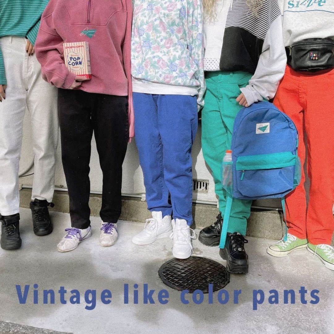 PECO CLUBのインスタグラム：「A popular item "vintage-like color pants"are back in stock!" In addition to the previous purple and green colors, new colors of black, white, and orange are also available!!❤︎ What color do you like?:)  🌀Vintage like color pants ￥6,900+tax Color：White,Orange,Black,Green,Purple Size：S,M,L  #PecoClub」