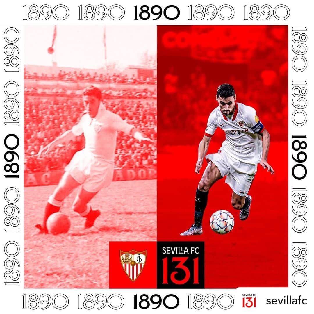 のインスタグラム：「#Repost • @sevillafc ¡Feliz 131 aniversario, sevillistas! 🎂 ♥️ 👏🏼  #sevillafc131 #wearesevilla #nuncaterindas」