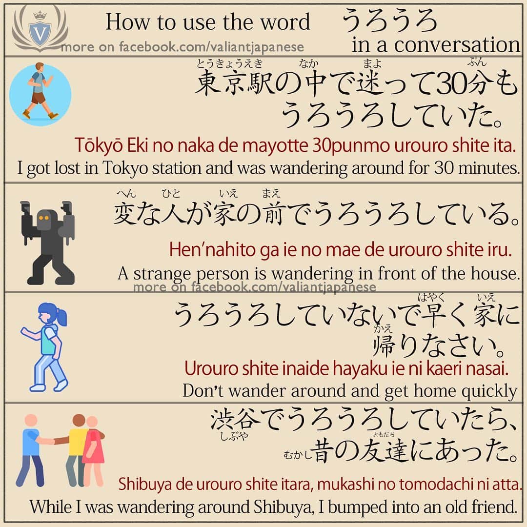 Valiant Language Schoolさんのインスタグラム写真 - (Valiant Language SchoolInstagram)「・ 🖌: @valiantjapanese ・ ⛩📓: Simple Japanese: How to use “うろうろ” in a sentence. 🧑🏻‍🏫  . Let’s study Japanese with ValiantJapanese ! . . . . . . . . .  #japón #japonês #japaneselanguage #japones #tokio #japan_of_insta #japonais #roppongi #lovers_nippon #igersjp #ig_japan #japanesegirl #Shibuyacrossing #日本語 #漢字 #英語 #ilovejapan #도쿄 #六本木 #roppongi #日本  #japan_daytime_view  #일본 #Япония #hiragana #katakana #kanji #tokyofashion」1月25日 18時36分 - valiantjapanese