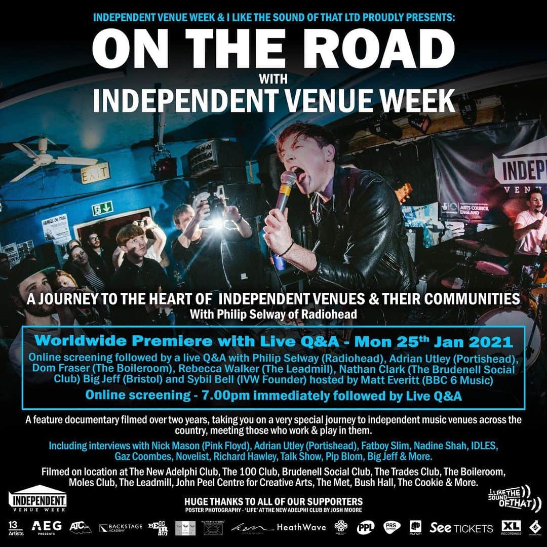 Radioheadのインスタグラム：「To mark the start to a very different Independent Venue Week, premiering tonight is ON THE ROAD with @ivw_uk . Filmed in 2019, Philip Selway journeys around independent venues & their communities. The screening starts at 7pm GMT and is followed by a live Q&A. Tickets here: https://bit.ly/3is0k8t #otrivw #ivw21」