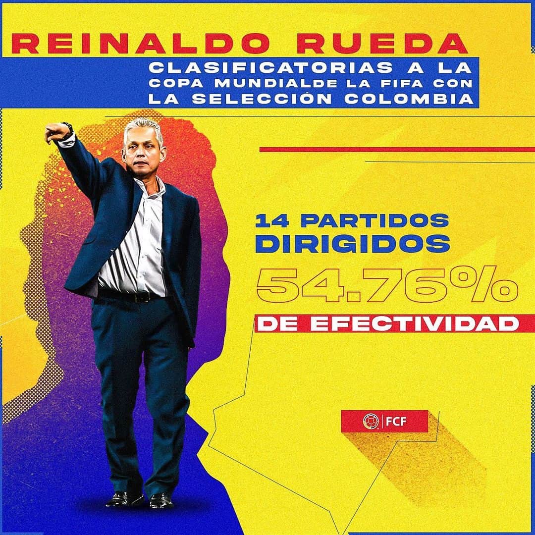 サッカー コロンビア代表チームのインスタグラム：「#BienvenidoProfe  Conoce algunos de los números de @oficialreinaldorueda como D.T. de la Selección Colombia de Mayores por Clasificatorias a la Copa Mundial de la FIFA  #VamosColombia 🇨🇴」
