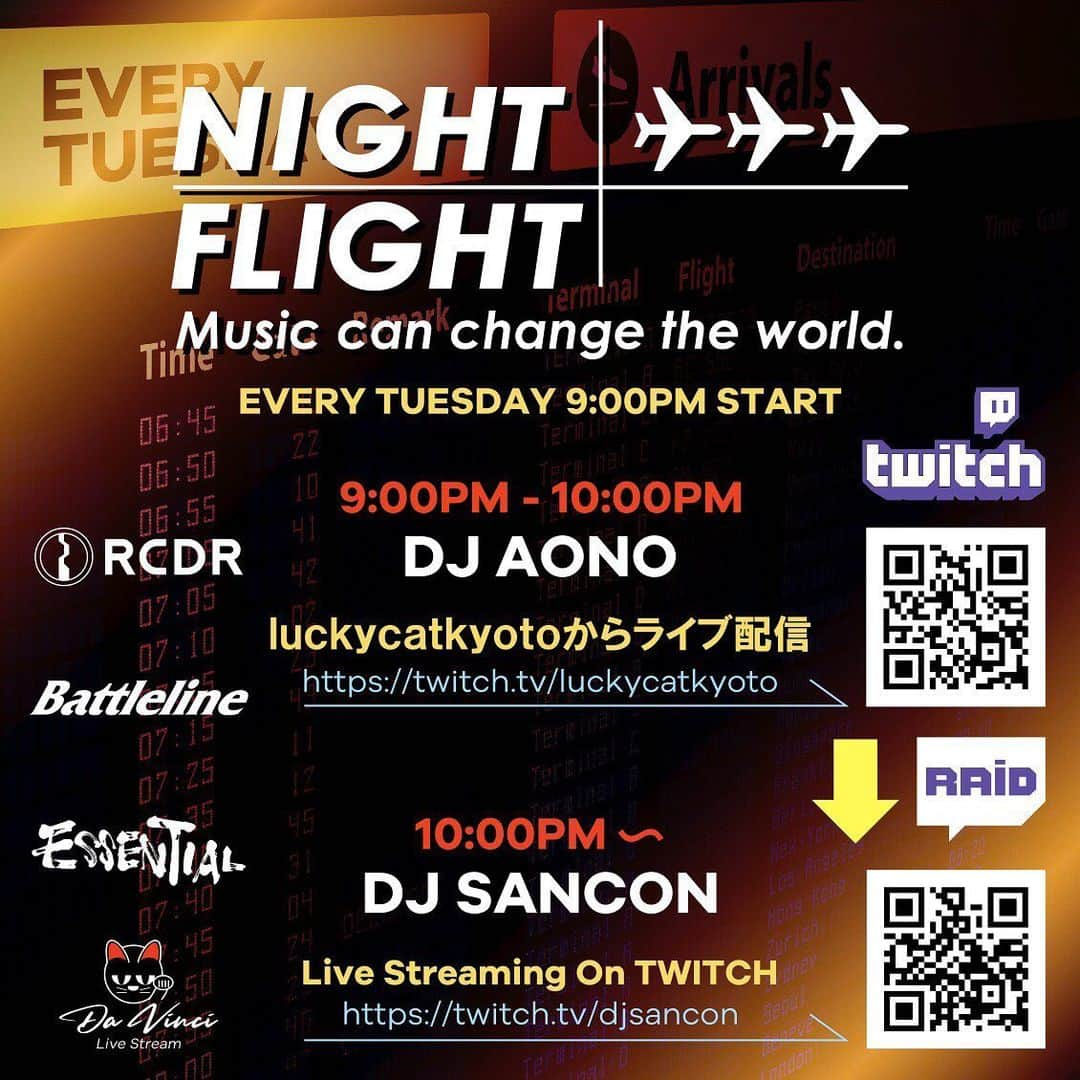 DJ SANCONさんのインスタグラム写真 - (DJ SANCONInstagram)「明日火曜日はフライト日😎☝️  Twitch (ツイッチ) ライブ配信 ''NIGHT FLIGHT''✈︎✈︎✈︎ Tuesday  1.26 Tuesday  LIVE on TWICH  9pm START！　  21時〜22時 DJ AONO  (luckycatkyoto @luckycatkyoto  ライブ配信)  22時〜23時 DJ SANCON  #twitchlive #twitchdj #twitchdjing  #livestreaming #twitchlivestream  #djsancon #twitchdj #twitchdjing  #livestreaming #twitchlivestream  #ツイッチ配信 #ツイッチューバー  #ツイッチ」1月25日 23時48分 - djsancon