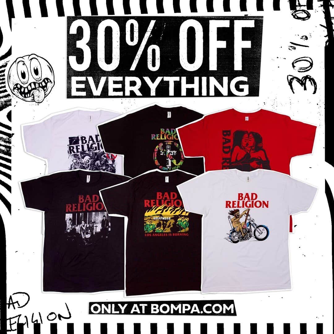 Bad Religionのインスタグラム：「Ya-Hey! Our friends @shopbompa are having a sale on our leftover tour merchandise from 2019 that we could not sell in 2020. 30% off everything, limited sizes, and quantities. The sale ends on January 27th at 11:59 PM PST. International shipping available to most countries and territories. #badreligionmerch #badreligion link in bio」