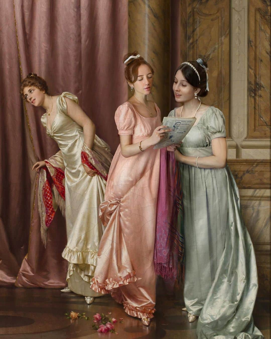 ベッキー・クルーエルのインスタグラム：「an illicit letter, reggianini 1800s 💎 ⁣ ⁣ I am SO EXCITED to share this with you! Since @adelicate_ and I have been loving all things regency at the moment, but due to lockdown we can’t meet up and wear our dresses together... we decided to set up and meet up in the middle of a Reggianini painting instead.⁣ ⁣ 8hrs to sew my dress⁣ 30 min to shoot our pics⁣ 2hrs in @photoshop ⭐️」