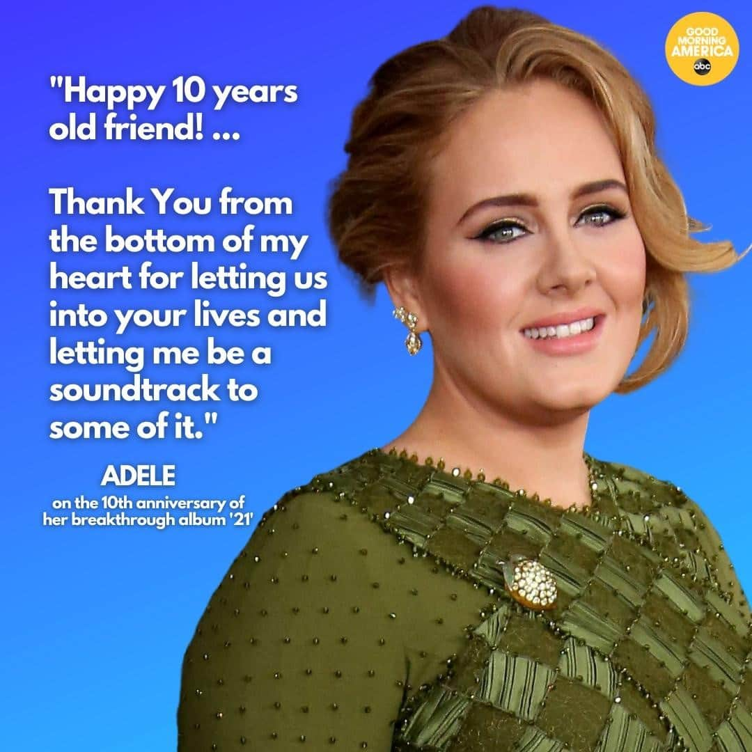 Good Morning Americaさんのインスタグラム写真 - (Good Morning AmericaInstagram)「Can you believe it's been 10 YEARS since #Adele released her album "21"?! Neither can we. Link in bio to see how the singer celebrated the career milestone. 🎵」1月26日 4時02分 - goodmorningamerica