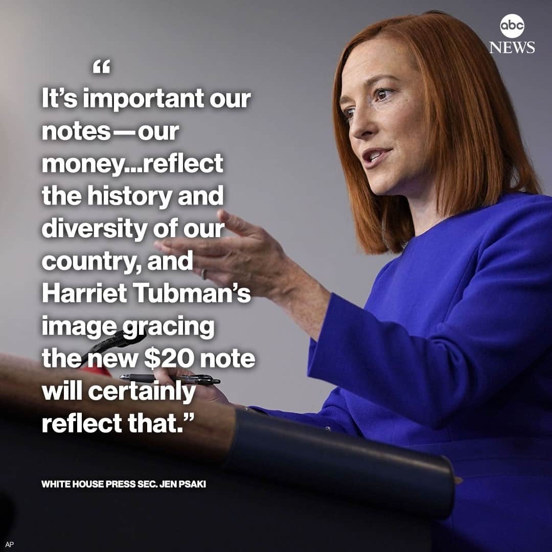 ABC Newsさんのインスタグラム写真 - (ABC NewsInstagram)「White House press secretary Jen Psaki says Treasury Department is moving to "speed up" the process for putting Harriet Tubman on the $20 bill—an Obama administration effort stalled throughout the Trump administration. #jenpsaki #whitehouse #joebiden #harrietttubman #money⁠ ⁠ Read details at LINK IN BIO.」1月26日 4時48分 - abcnews