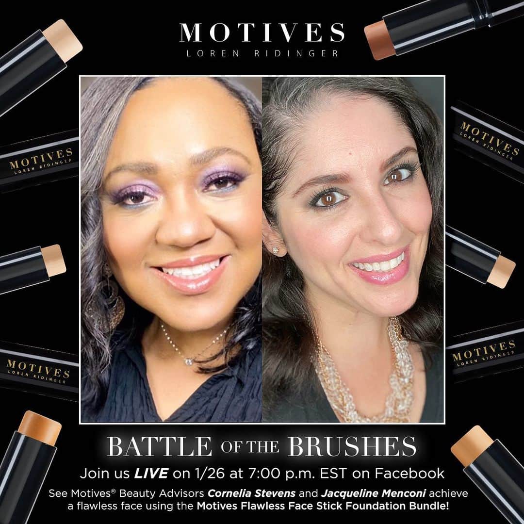 Motives Cosmeticsのインスタグラム：「We’re going LIVE on Facebook tomorrow at 7PM EST to showcase the Flawless Face Stick Foundations in action ✨ Tune in as Motives Beauty Advisors, @blendedbybebe and @Jaxxmakeup, share their tips to achieving a flawless foundation skin finish. See you there! 🖤」