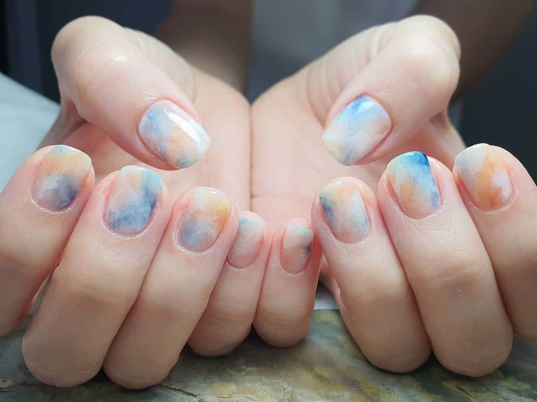 Yingのインスタグラム：「I used PREGEL Pale Natural, #907, Orange, #871, Base White, White, 70's Denim and Dark Night Blue. Items can be purchased at @nailwonderlandsg 🤗 .   . 🛒 www.nailwonderland.com⁣⁣ 📍20A Penhas Road, Singapore 208184⁣⁣ (5 minutes walk from Lavender MRT)⁣⁣ .  I am currently only able to take bookings from my existing pool of customers. If I have slots available for new customers, I will post them on my IG stories. Thank you to everyone who likes my work 🙏 if you need your nails done, please consider booking other artists at @thenailartelier instead ❤  #ネイルデザイン  #ネイルアート #ネイル #ジェルネイル #nailart #네일아트 #pregel #プリジェル #nails #gelnails #sgnails」