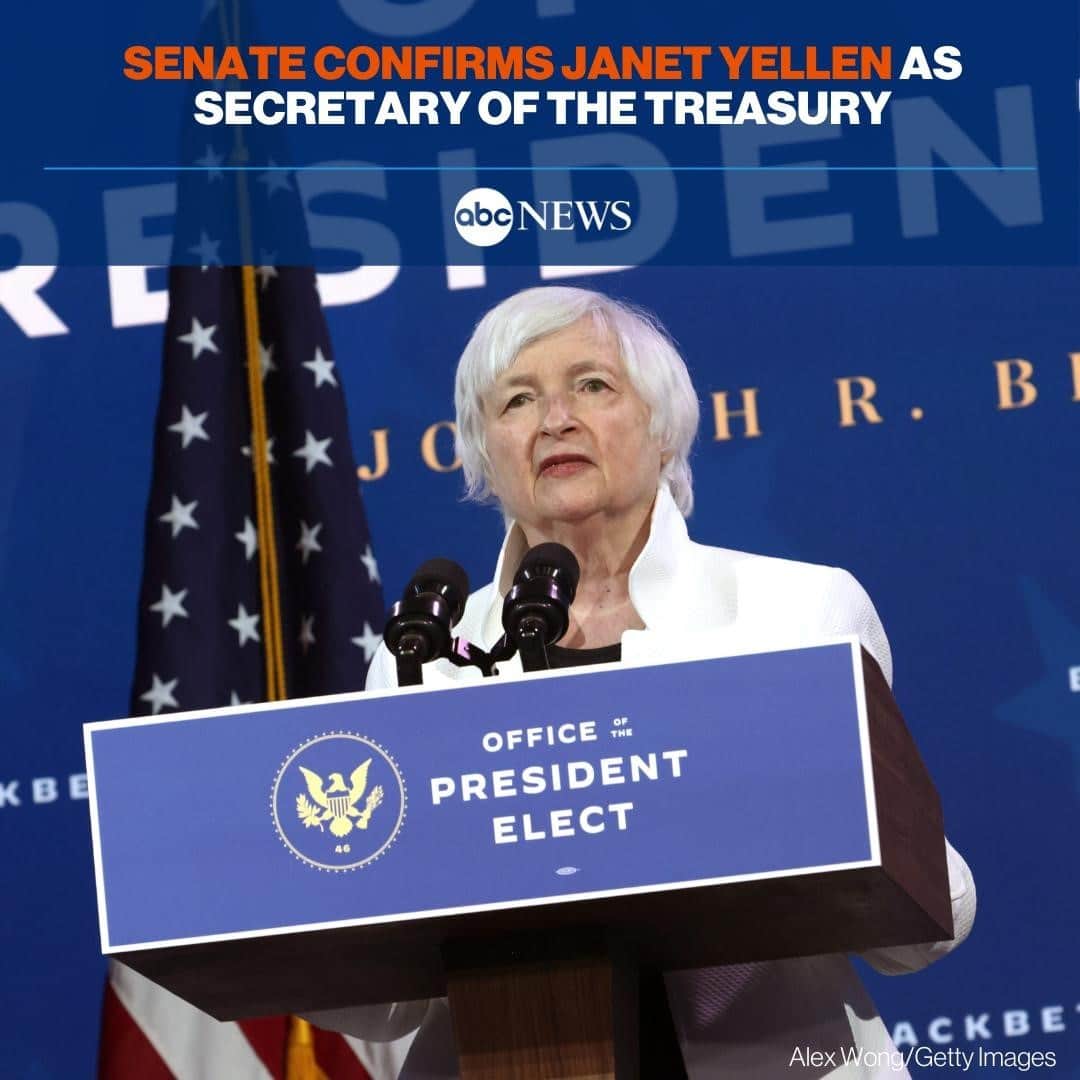 ABC Newsさんのインスタグラム写真 - (ABC NewsInstagram)「Senate confirms Janet Yellen as Treasury secretary, making her the first woman to lead the department in its over 230-year history.⁠ ⁠ Read more on Biden's first 100 days at LINK IN BIO.」1月26日 8時43分 - abcnews