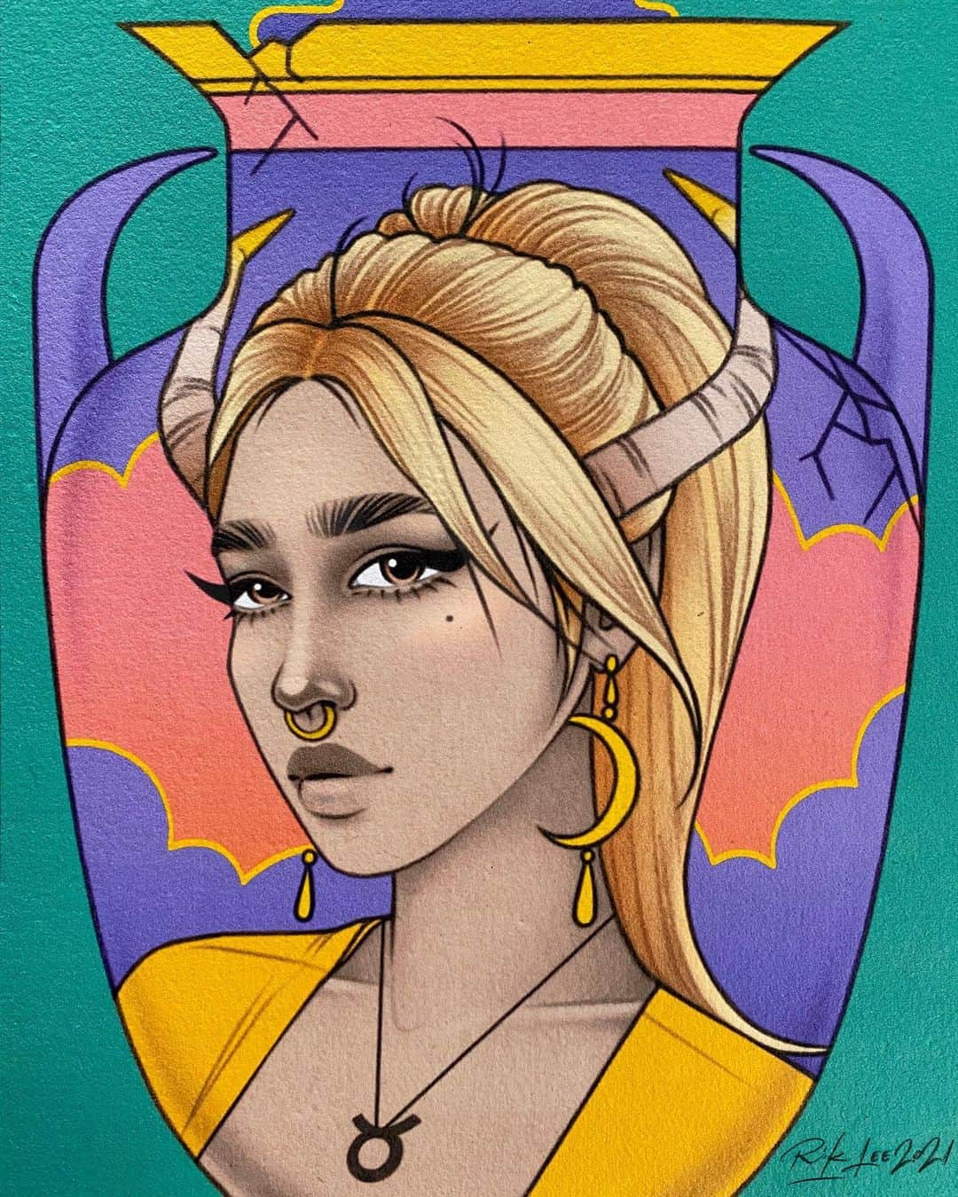 Rik Leeさんのインスタグラム写真 - (Rik LeeInstagram)「TAURUS! . Thank you to everyone who commented their colour suggestions for this babe.  Green was the most requested colour, which makes sense seeing as the Taurus birth stone is emerald and it’s an earth sign. Next up, is purple / lavender which loads of people suggested and I used for the frame and vase. I was really tempted to go with warm, earthy tones, but opted not to because I’ve used these colours throughout the zodiac series and felt this was a good opportunity to diversify. Speaking of mixing it up from the rest of the series, she’s a blonde (natural / not natural - that’s you’re call). I got a little wild with the supporting colours. ♉️😅 . 11 down, 1 to go! . #riklee #illustration #taurus #zodiacs #art #design」1月26日 9時04分 - rikleeillustration
