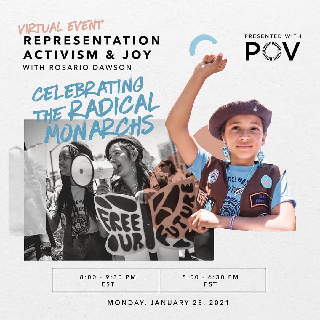 ロザリオ・ドーソンのインスタグラム：「Starting now, @radicalmonarchs , in honor of the HERstoric inauguration of Kamala Harris as Vice President of the United States, and to celebrate the young girls of color following in her footsteps, please join filmmaker Yoruba Richen and myself as we interview Oakland's young activist leaders, the Radical Monarchs, the Co-Founders of the organization, and filmmaker Linda Goldstein Knowlton.  The event is free and open to everyone - you can register at the link in our bio. And of course, PLEASE SHARE with your friends, families, and communities!  #RadicalMonarchs  🦋✊✊🏽✊🏾✊🏿#BlackNBrownGirlMagik」